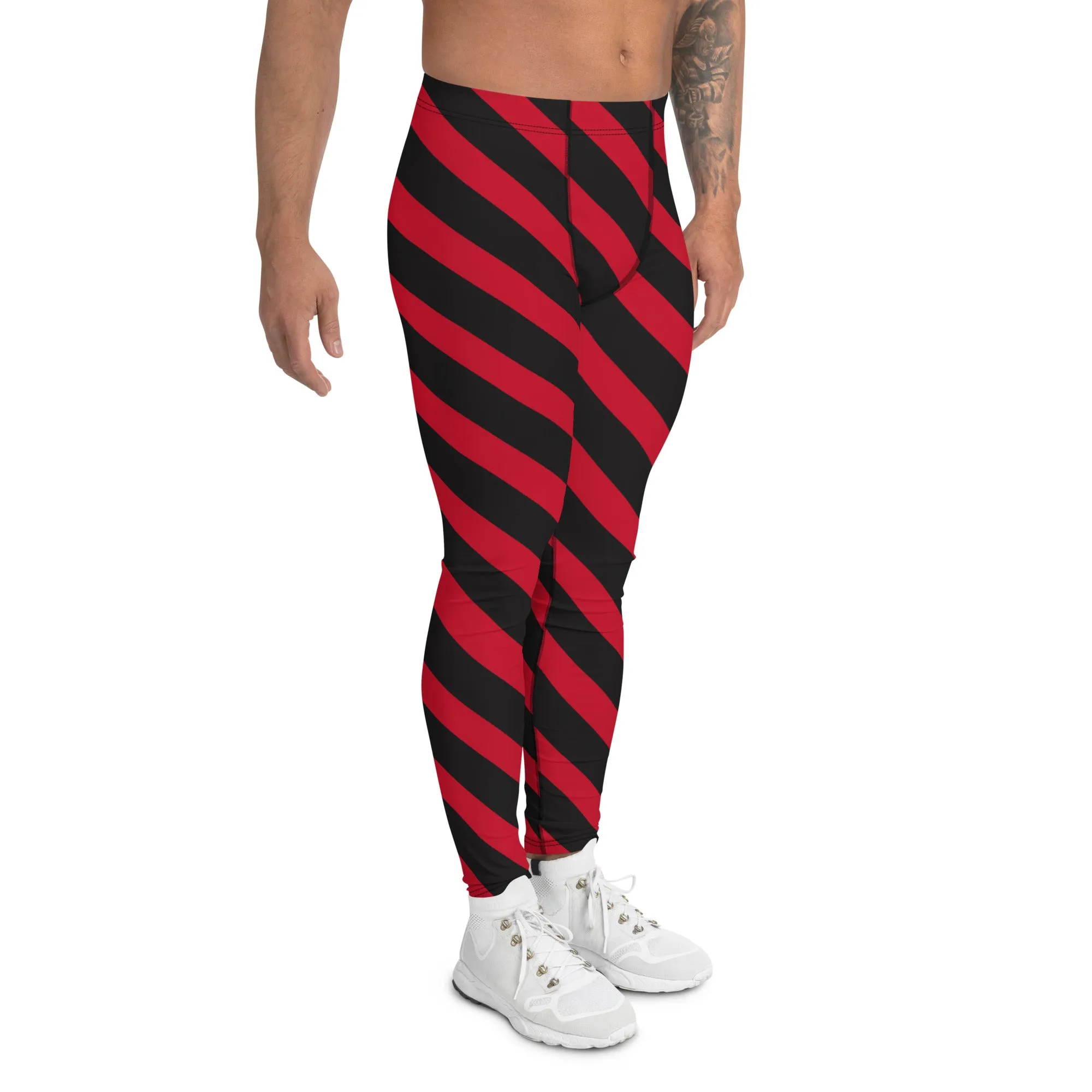 Black Red Striped Meggings, Stripes Diagonal Men's Leggings Running Compression Tights For Men - Made in USA/EU/MX