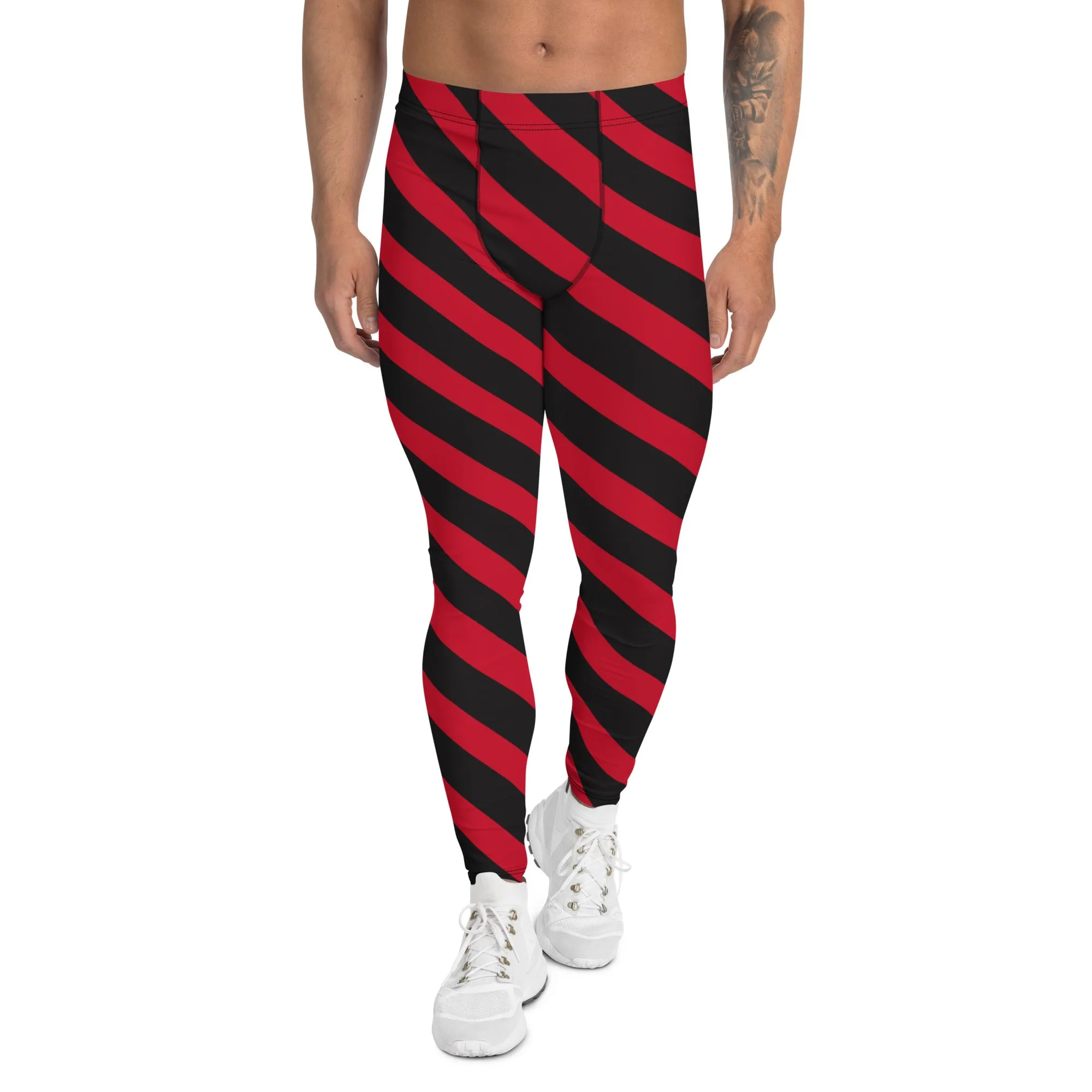 Black Red Striped Meggings, Stripes Diagonal Men's Leggings Running Compression Tights For Men - Made in USA/EU/MX