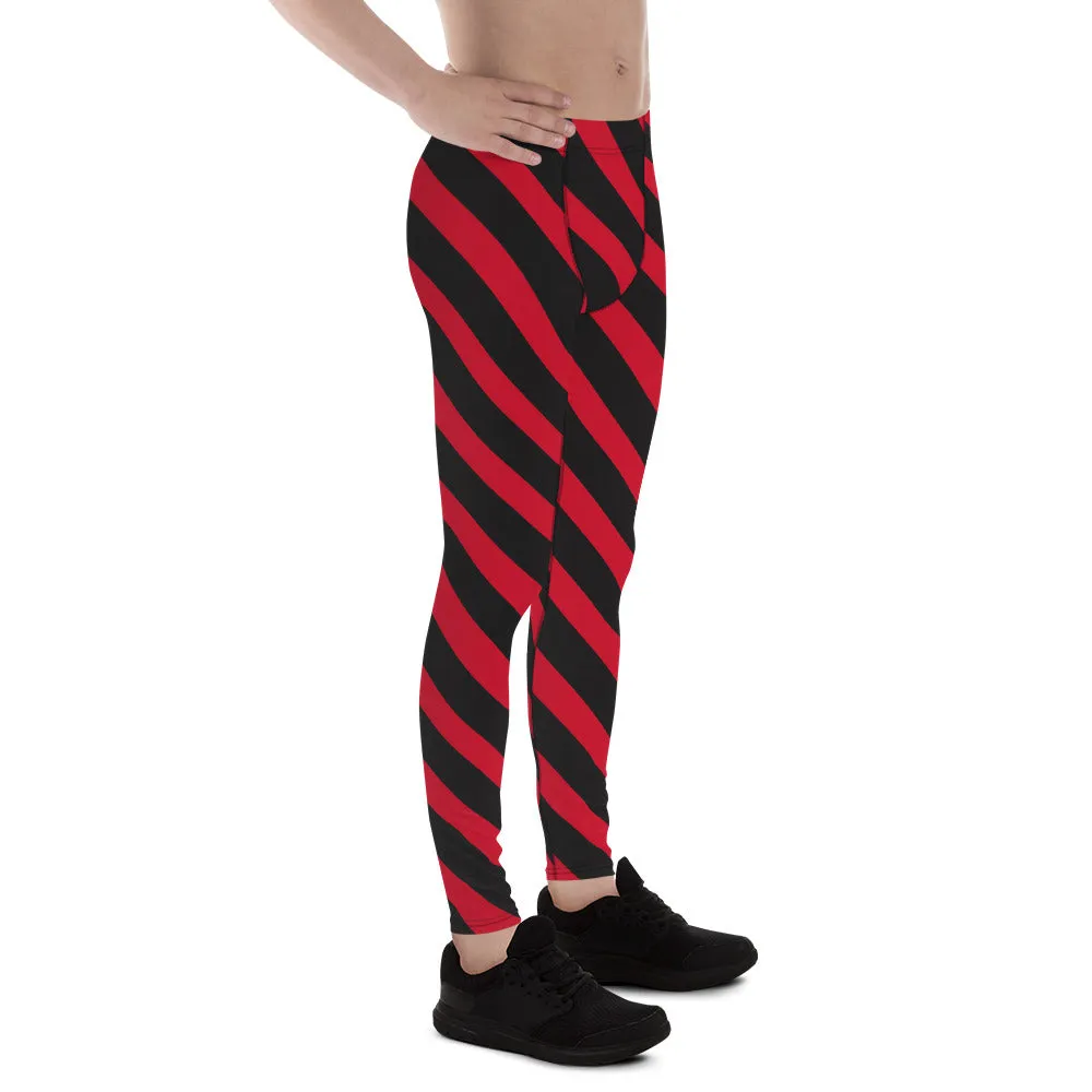 Black Red Striped Meggings, Stripes Diagonal Men's Leggings Running Compression Tights For Men - Made in USA/EU/MX