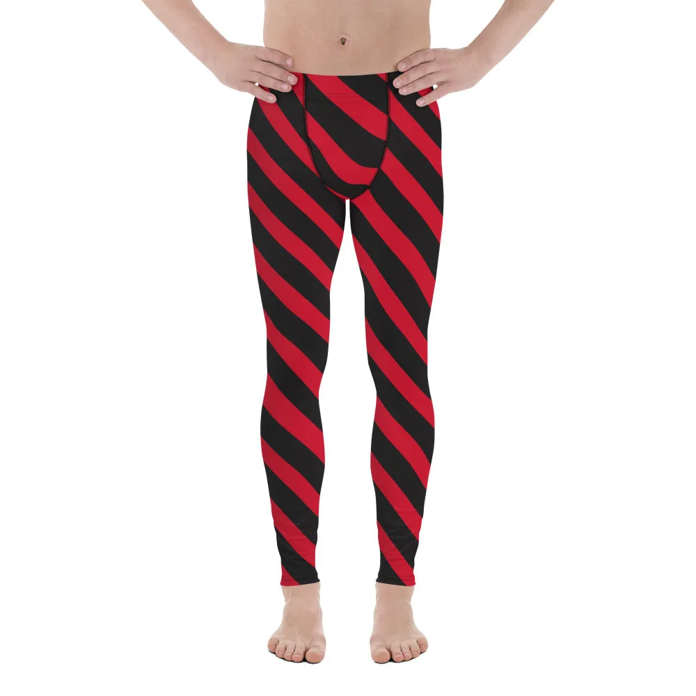 Black Red Striped Meggings, Stripes Diagonal Men's Leggings Running Compression Tights For Men - Made in USA/EU/MX