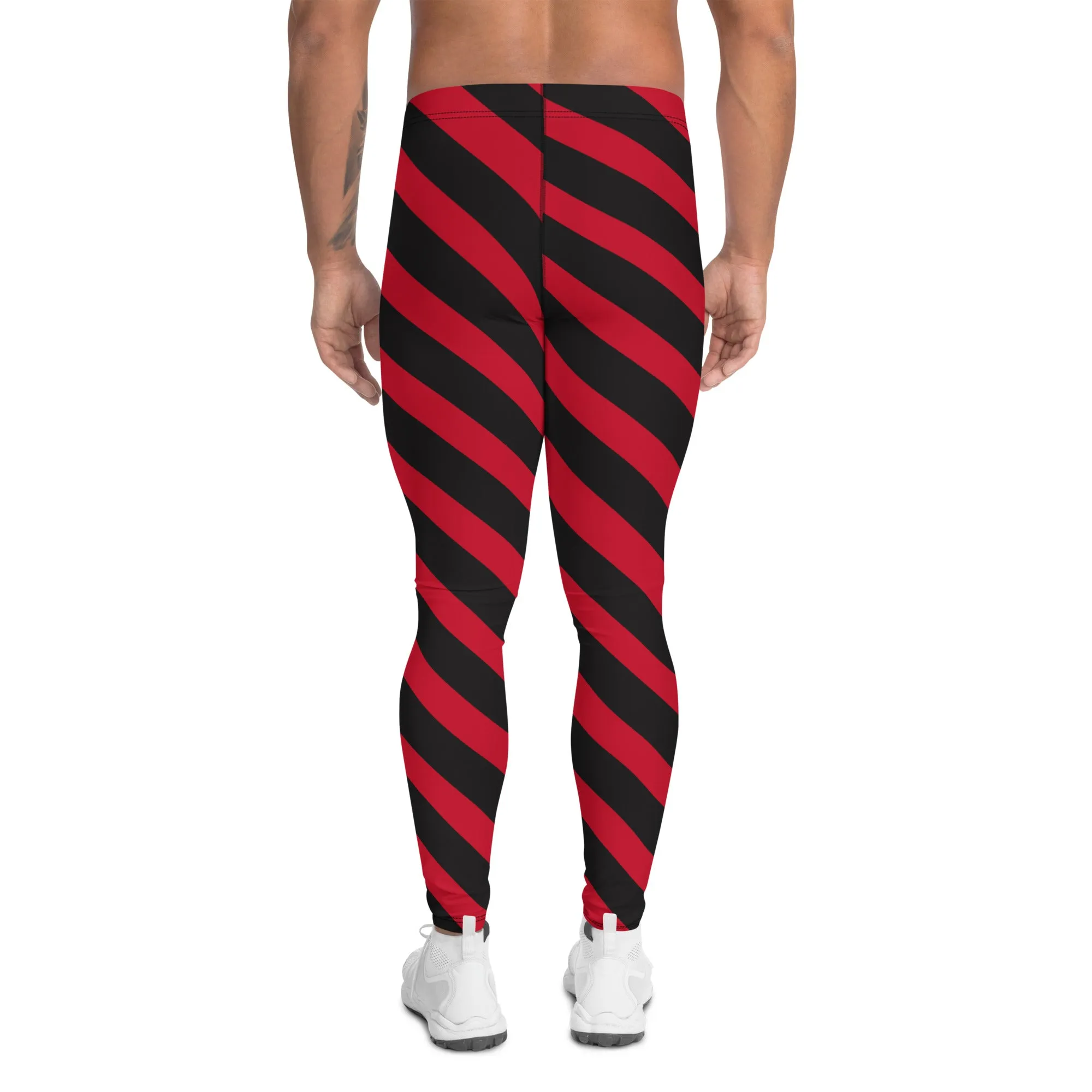 Black Red Striped Meggings, Stripes Diagonal Men's Leggings Running Compression Tights For Men - Made in USA/EU/MX