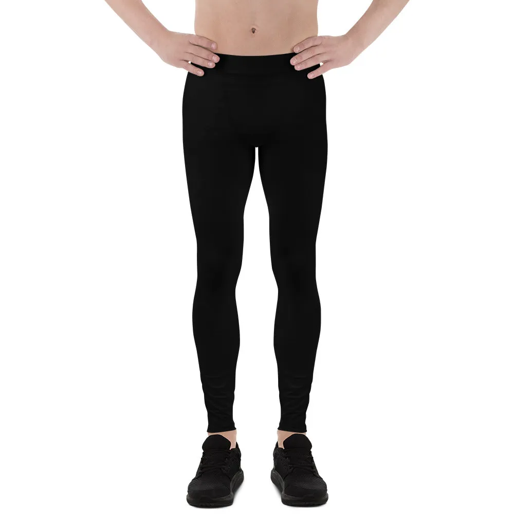 Black Solid Color Men's Leggings, Modern Sporty Modern Minimalist Meggings-Made in USA/EU