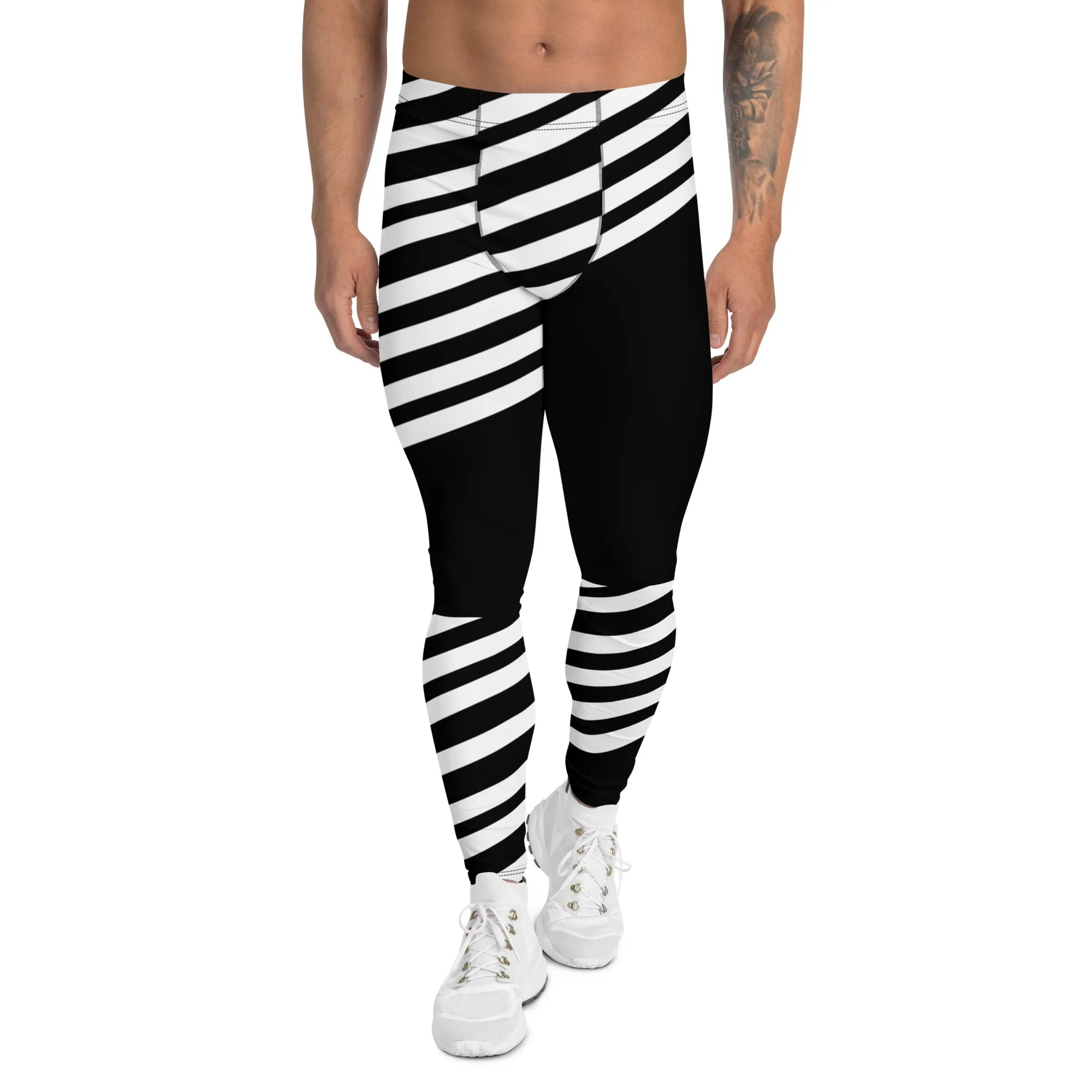 Black Striped Designer Meggings, Best Men's Leggings, Designer Minimalist Black White Modern Meggings-Made in USA/EU/MX