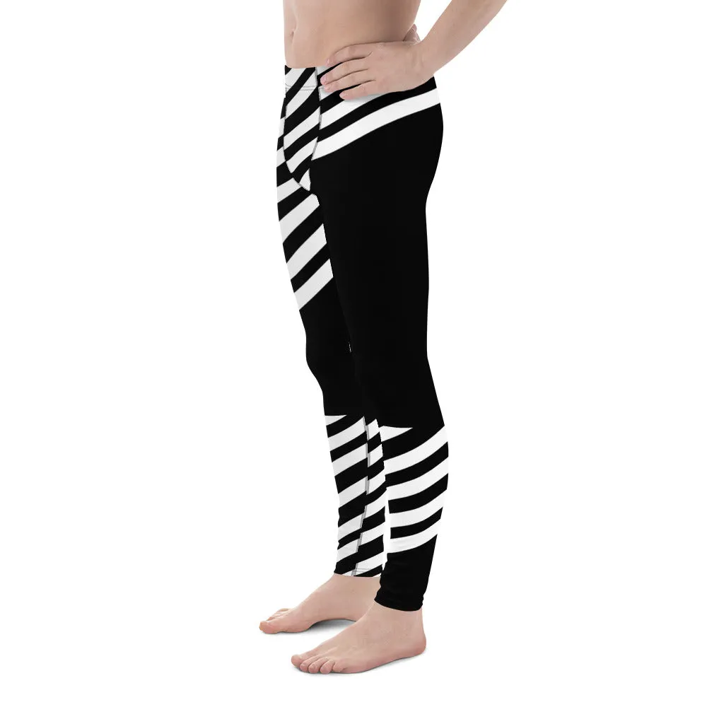 Black Striped Designer Meggings, Best Men's Leggings, Designer Minimalist Black White Modern Meggings-Made in USA/EU/MX