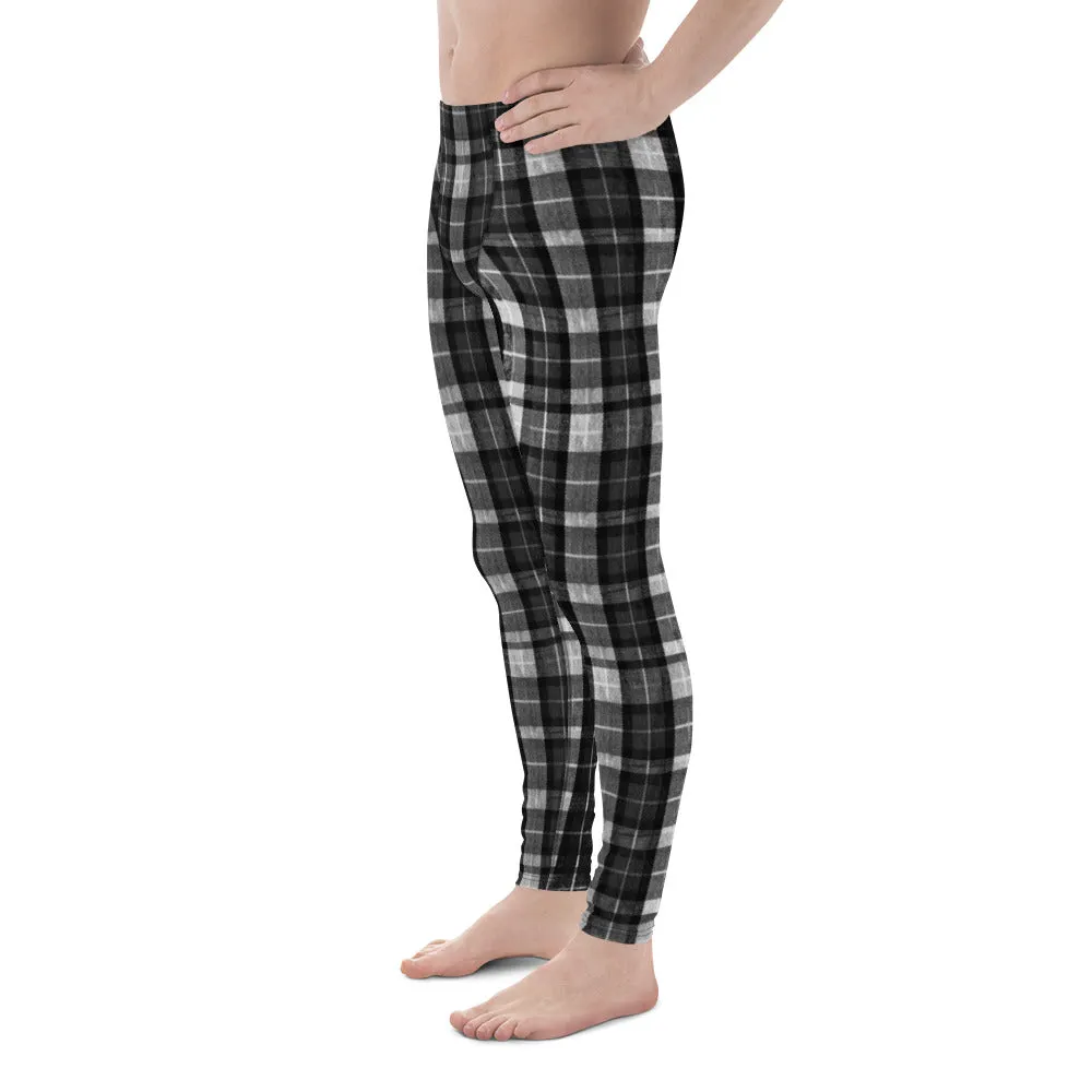 Black Tartan Plaid Meggings, Flexible Men's Running Leggings Run Tights- Made in USA/EU