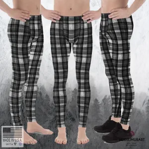 Black Tartan Plaid Meggings, Flexible Men's Running Leggings Run Tights- Made in USA/EU