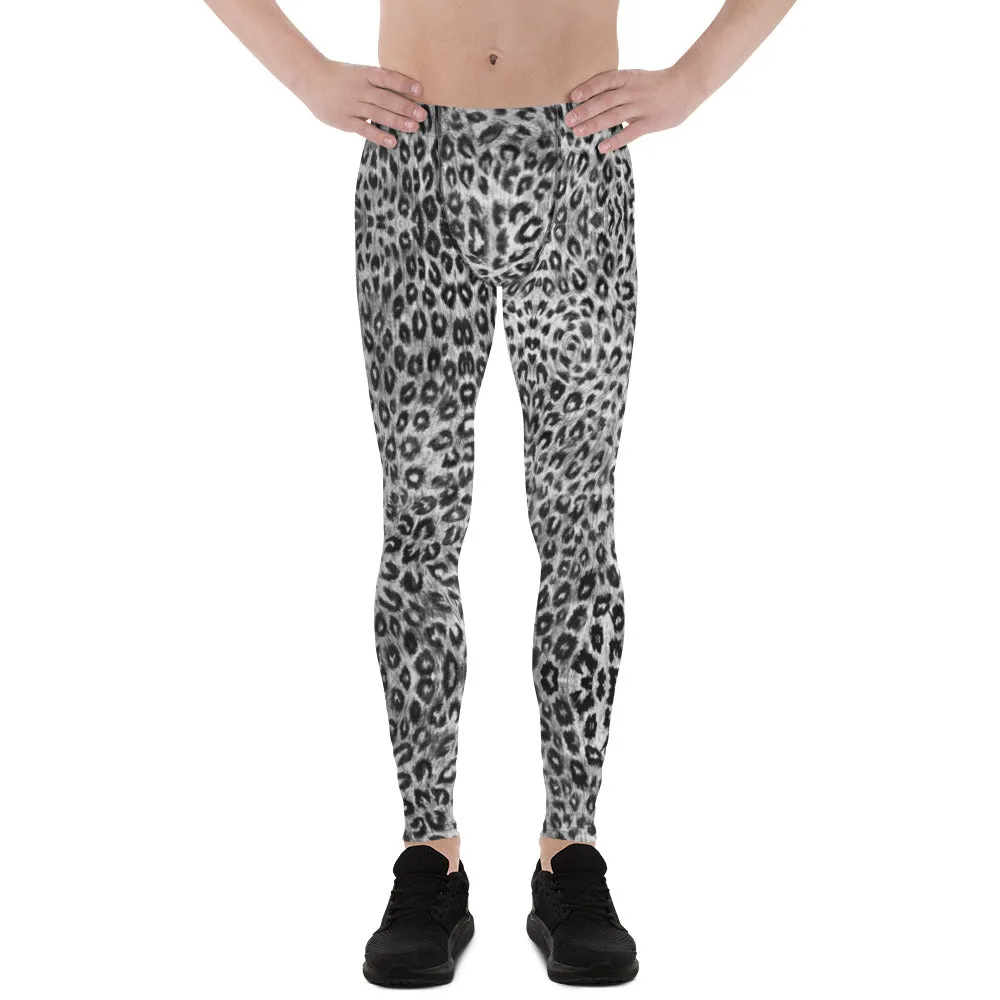 Black White Leopard Men's Leggings, Wild Animal Print Compression Tights-Made in USA/EU