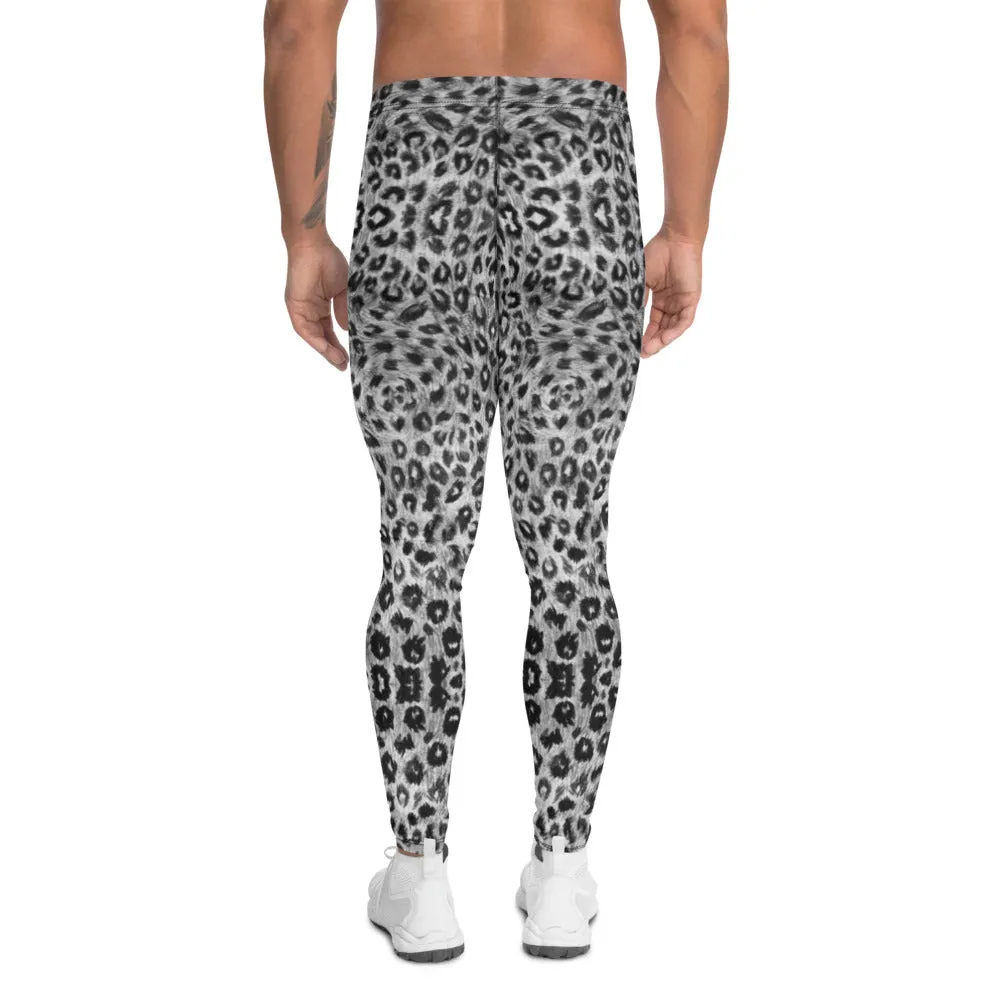 Black White Leopard Men's Leggings, Wild Animal Print Compression Tights-Made in USA/EU