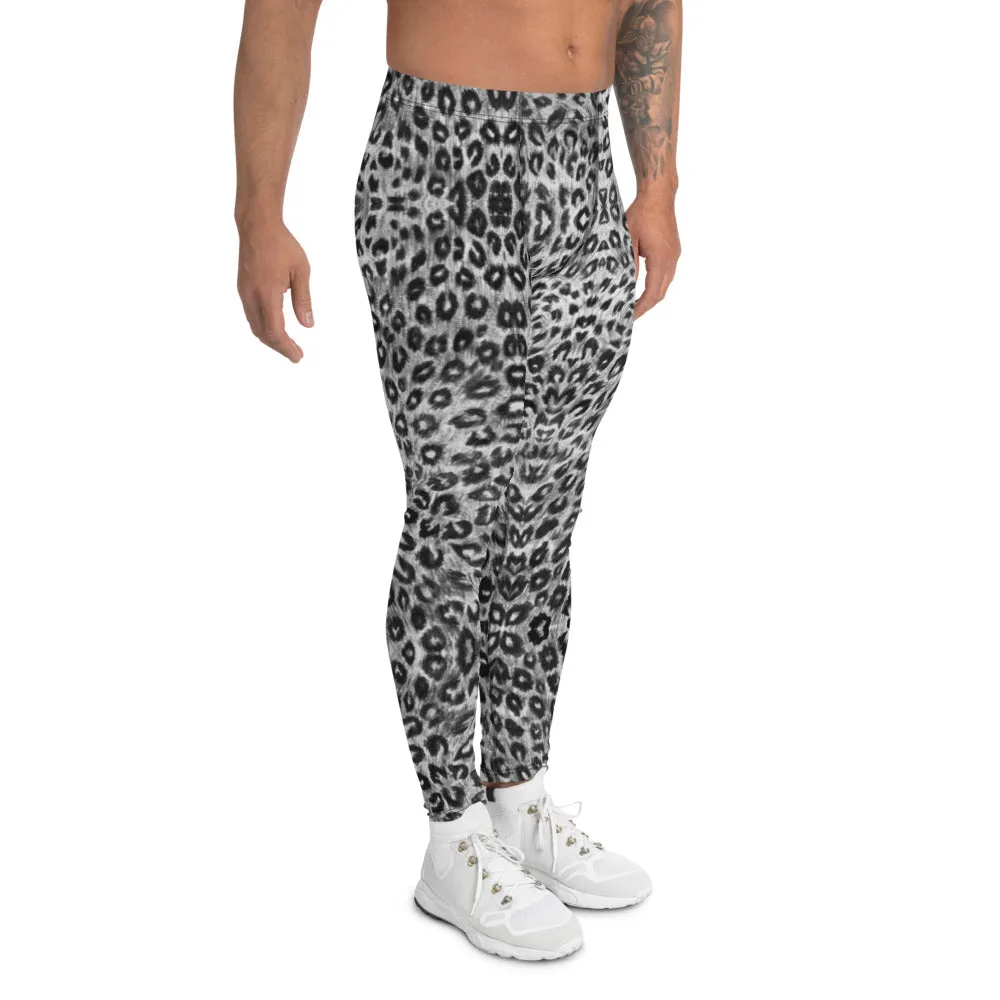 Black White Leopard Men's Leggings, Wild Animal Print Compression Tights-Made in USA/EU