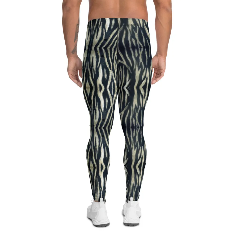 Black White Tiger Men's Leggings, Animal Stripes Print Designer Meggings Tights-Made in USA/EU