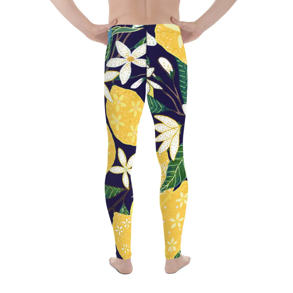 Blue Lemon Floral Men's Leggings, Floral Print Designer Meggings Compression Tights- Made in USA/EU/MX