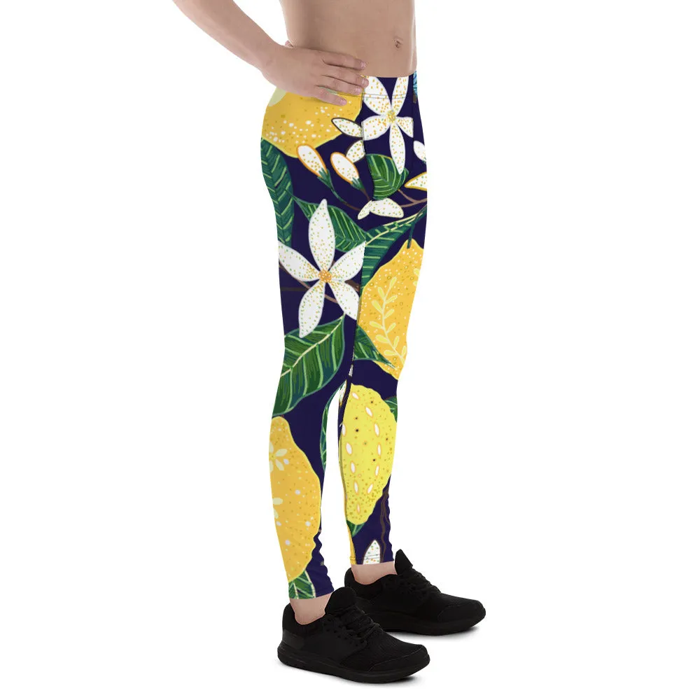 Blue Lemon Floral Men's Leggings, Floral Print Designer Meggings Compression Tights- Made in USA/EU/MX