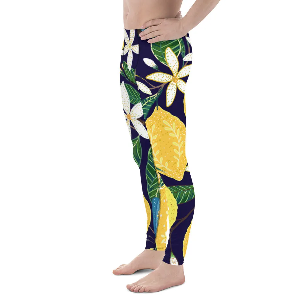 Blue Lemon Floral Men's Leggings, Floral Print Designer Meggings Compression Tights- Made in USA/EU/MX