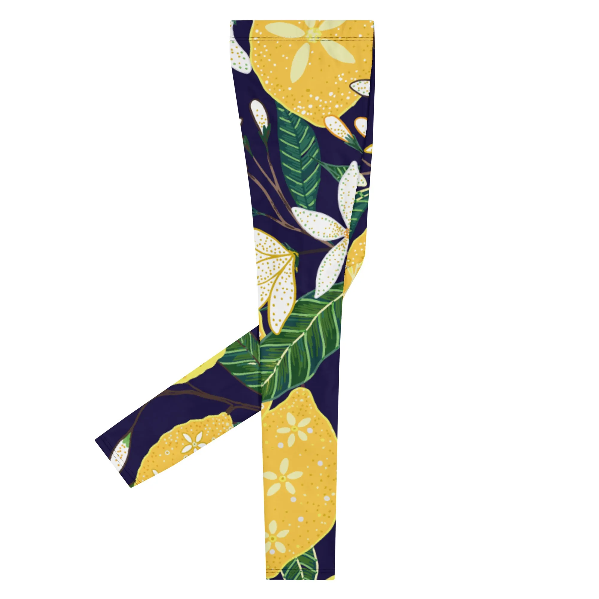 Blue Lemon Floral Men's Leggings, Floral Print Designer Meggings Compression Tights- Made in USA/EU/MX