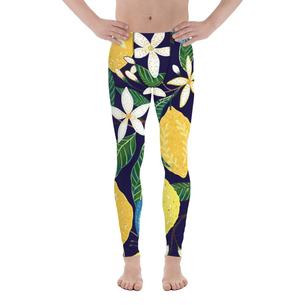 Blue Lemon Floral Men's Leggings, Floral Print Designer Meggings Compression Tights- Made in USA/EU/MX