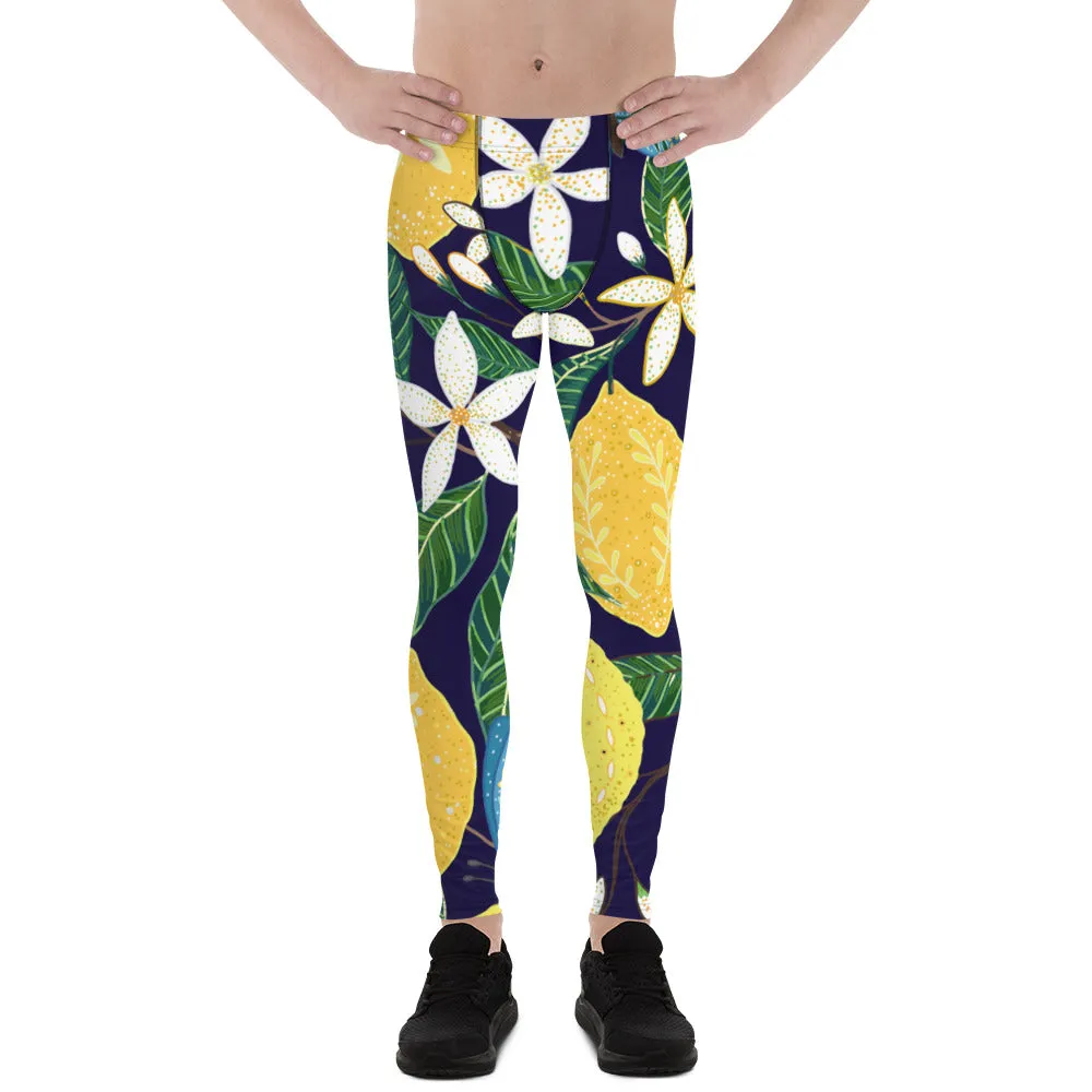 Blue Lemon Floral Men's Leggings, Floral Print Designer Meggings Compression Tights- Made in USA/EU/MX