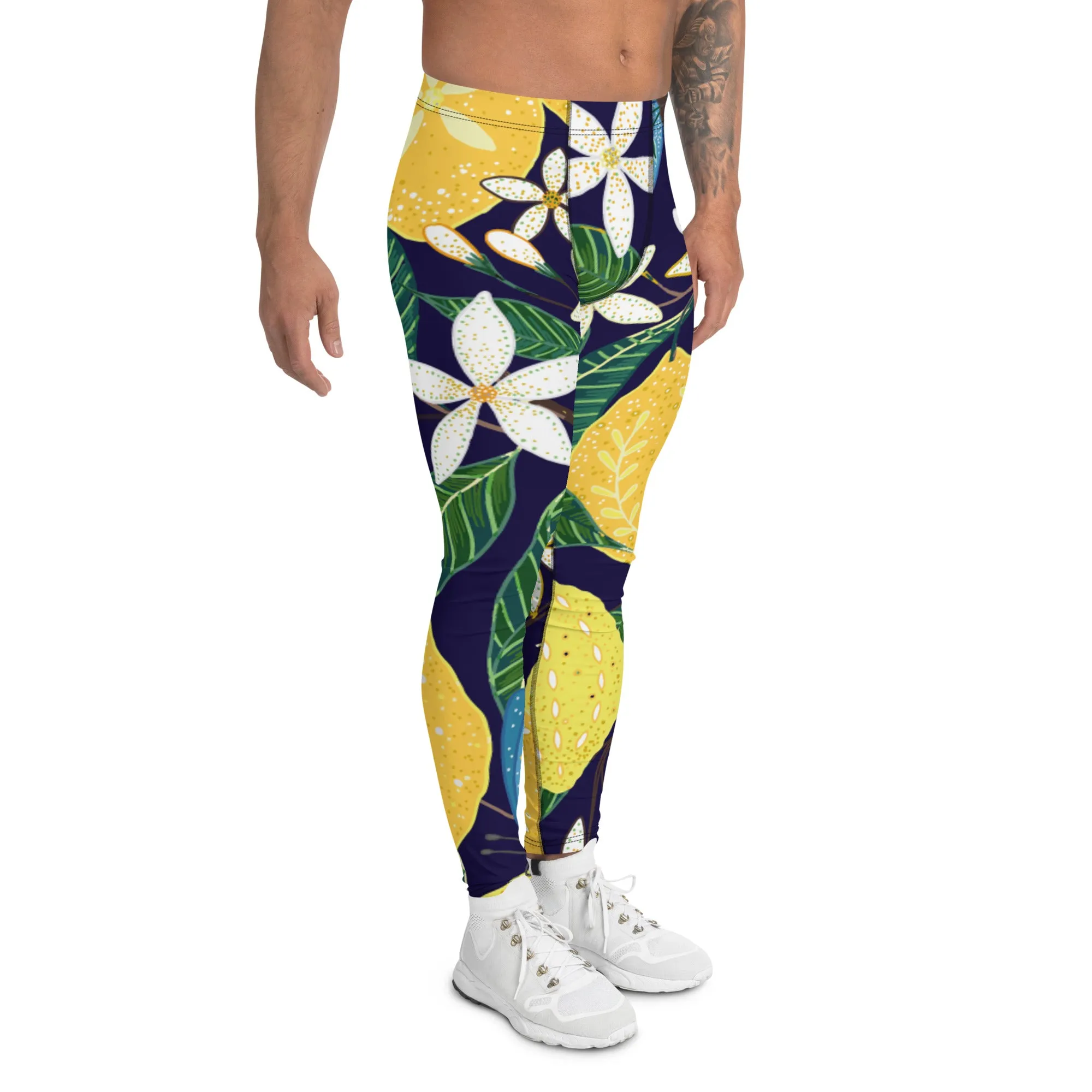 Blue Lemon Floral Men's Leggings, Floral Print Designer Meggings Compression Tights- Made in USA/EU/MX