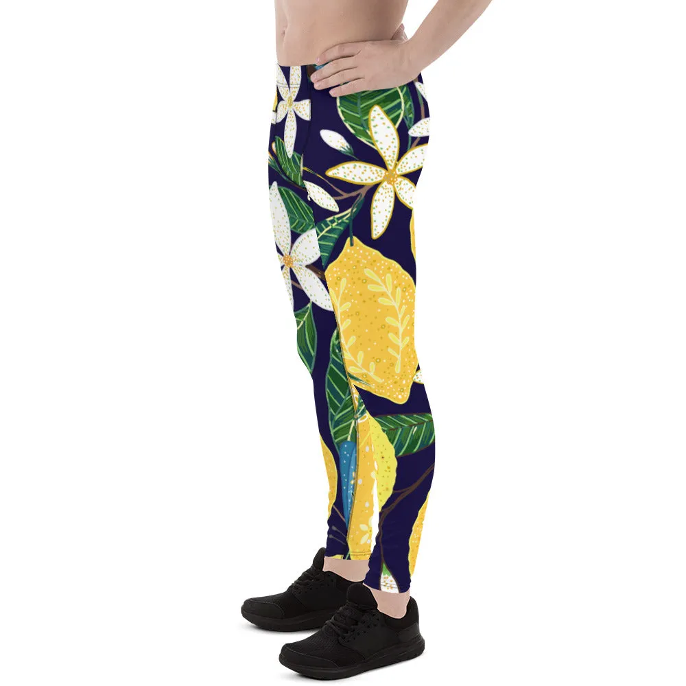 Blue Lemon Floral Men's Leggings, Floral Print Designer Meggings Compression Tights- Made in USA/EU/MX