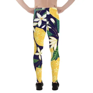 Blue Lemon Floral Men's Leggings, Floral Print Designer Meggings Compression Tights- Made in USA/EU/MX