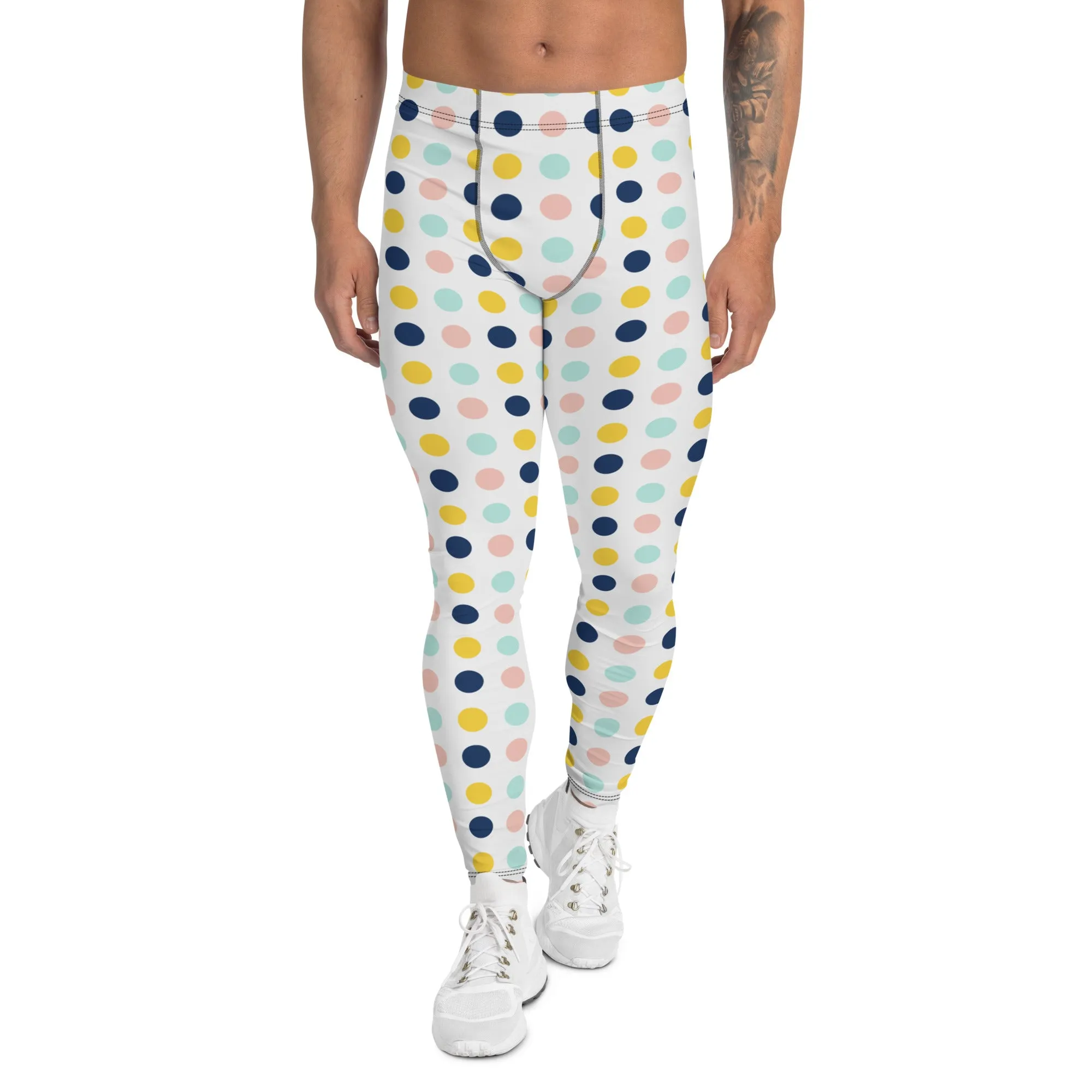 Blue Mixed Dotted Men's Leggings, Dots Pattern Designer Running Compression Tights For Men - Made in USA/EU/MX