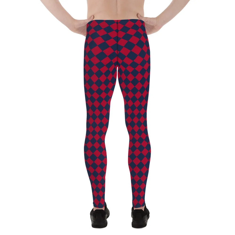 Blue Red Checkered Men's Leggings, Check Pants Men, Men's Plaid Pants, Checkered Pants - Made in USA/EU/MX