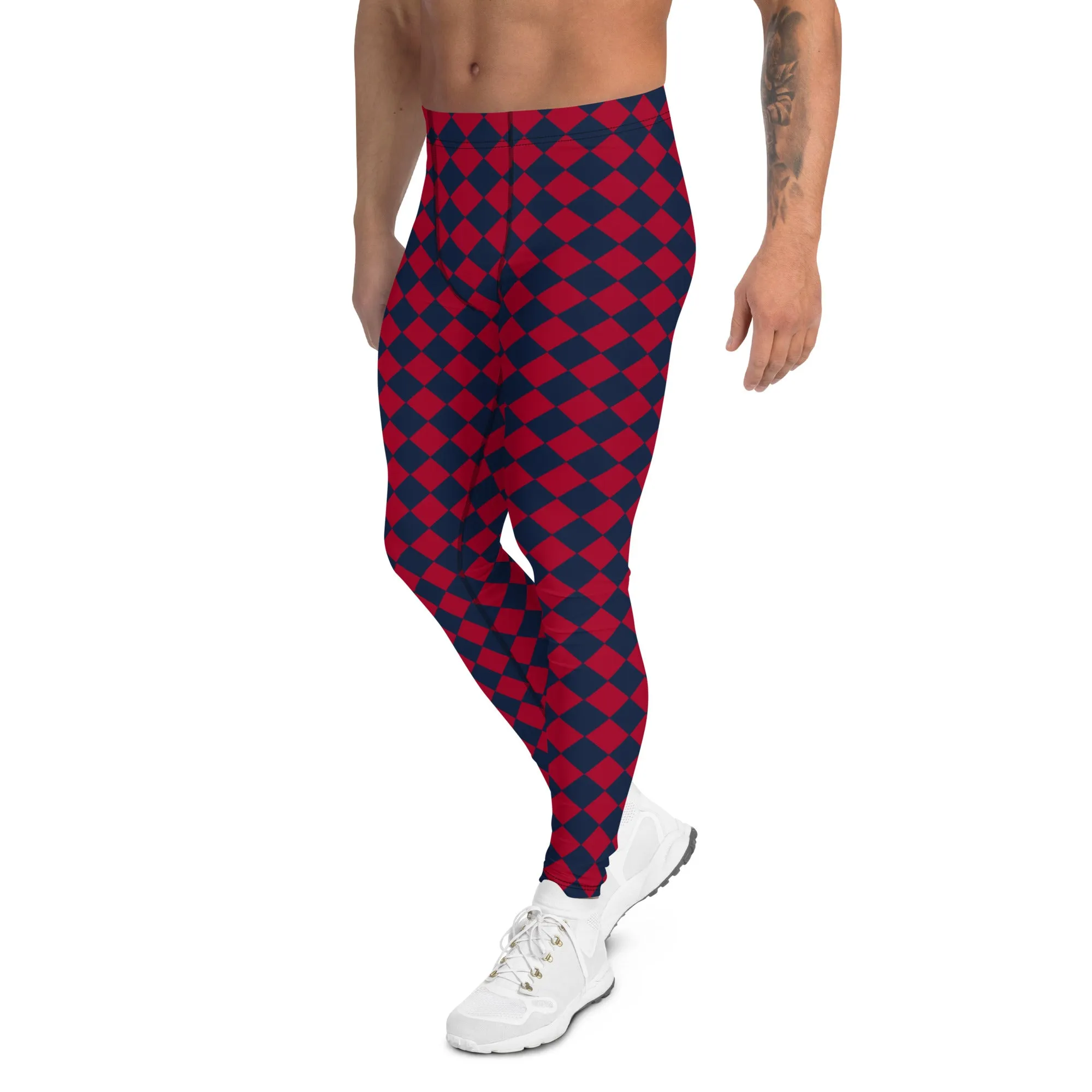 Blue Red Checkered Men's Leggings, Check Pants Men, Men's Plaid Pants, Checkered Pants - Made in USA/EU/MX