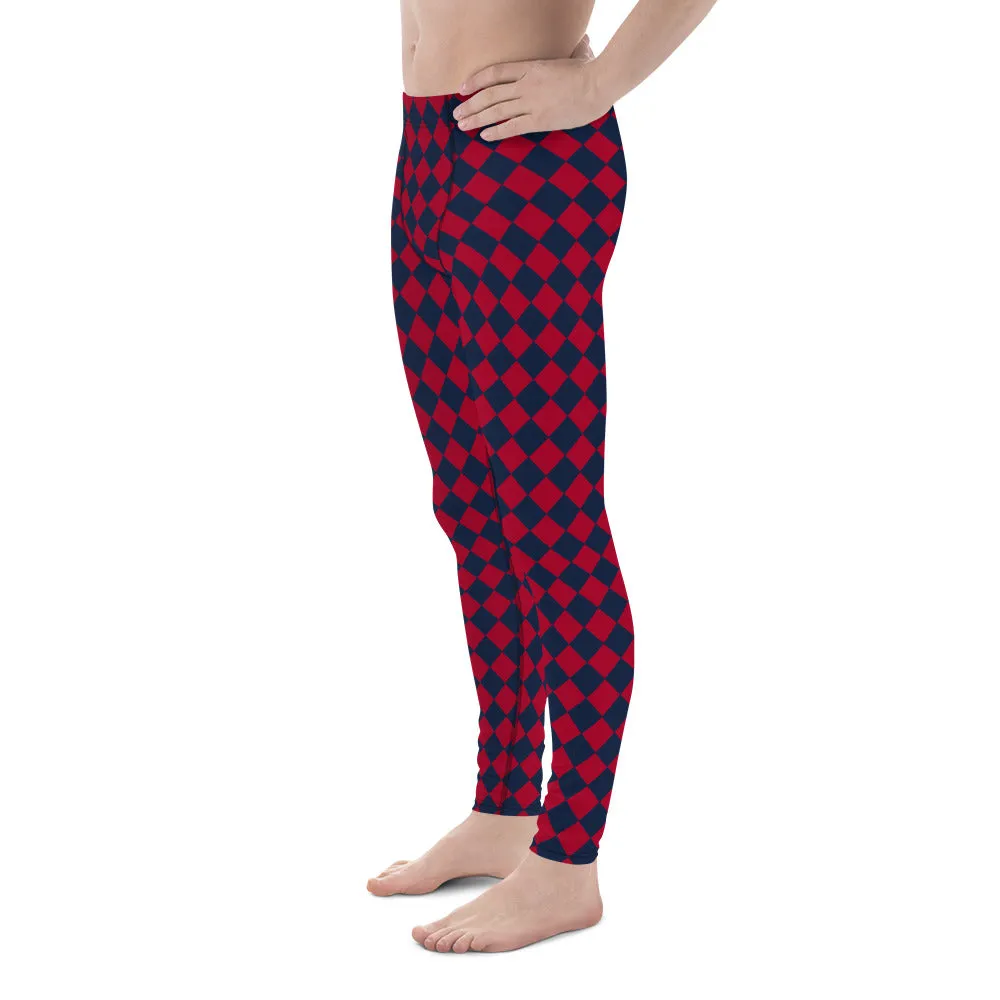 Blue Red Checkered Men's Leggings, Check Pants Men, Men's Plaid Pants, Checkered Pants - Made in USA/EU/MX