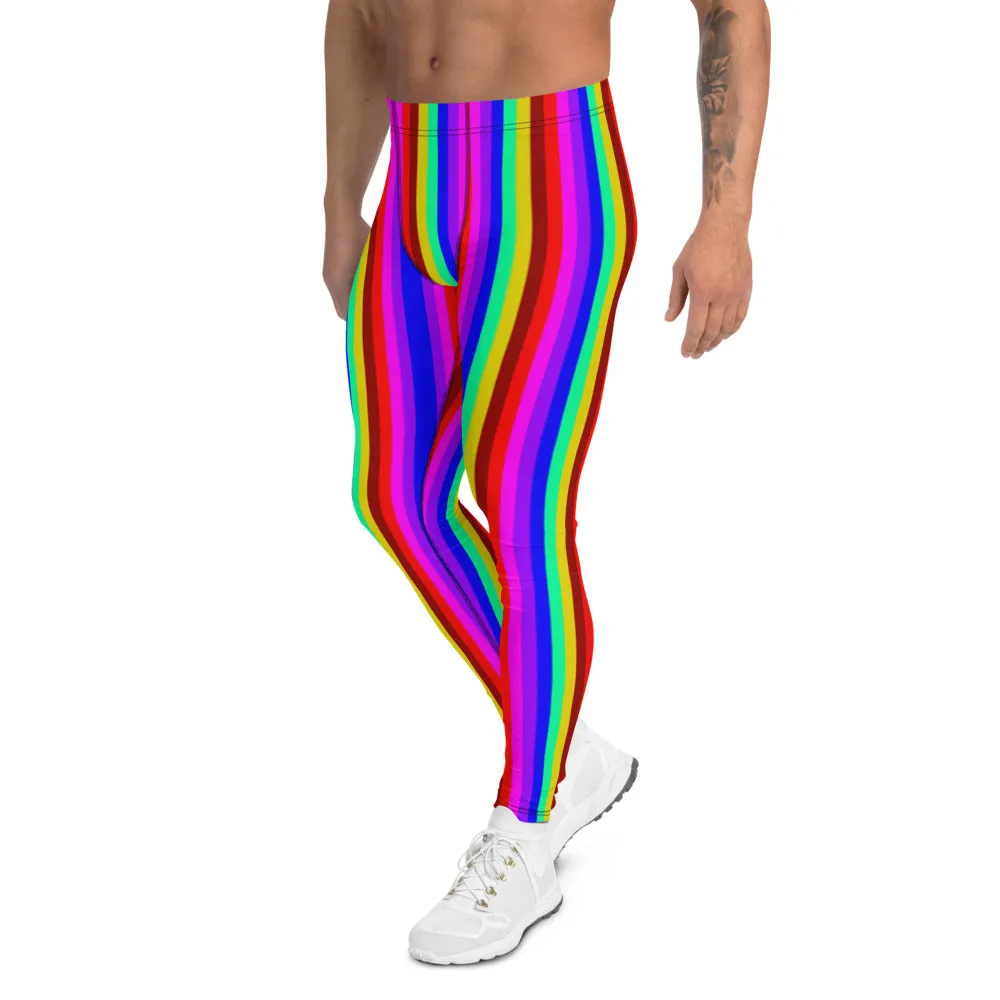 Bright Rainbow Men's Leggings, Colorful Gay Pride Festival Parade Tights-Made in USA/EU/MX