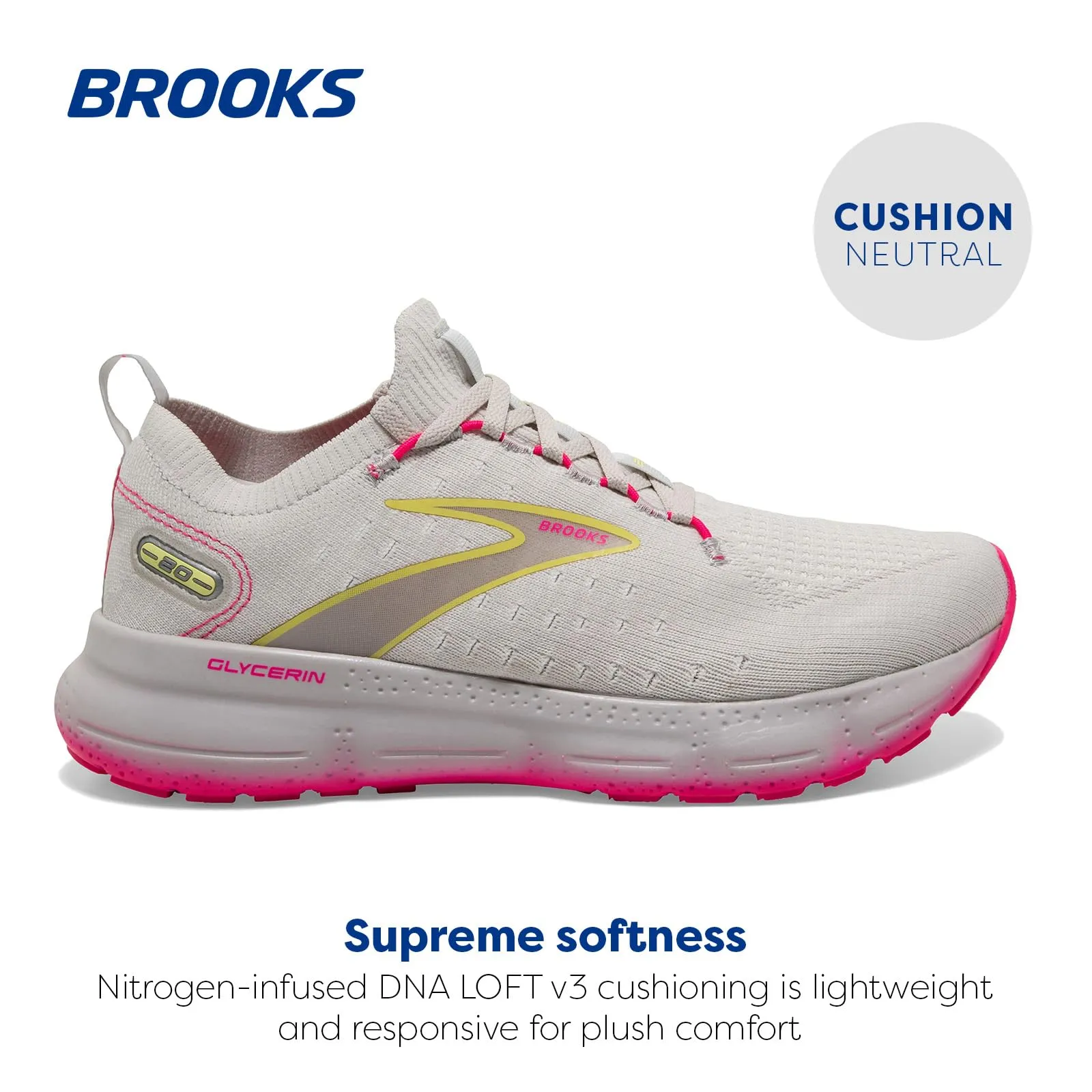 Brooks Women’s Glycerin StealthFit 20 Neutral Running Shoe - Grey/Yellow/Pink - 8 Medium