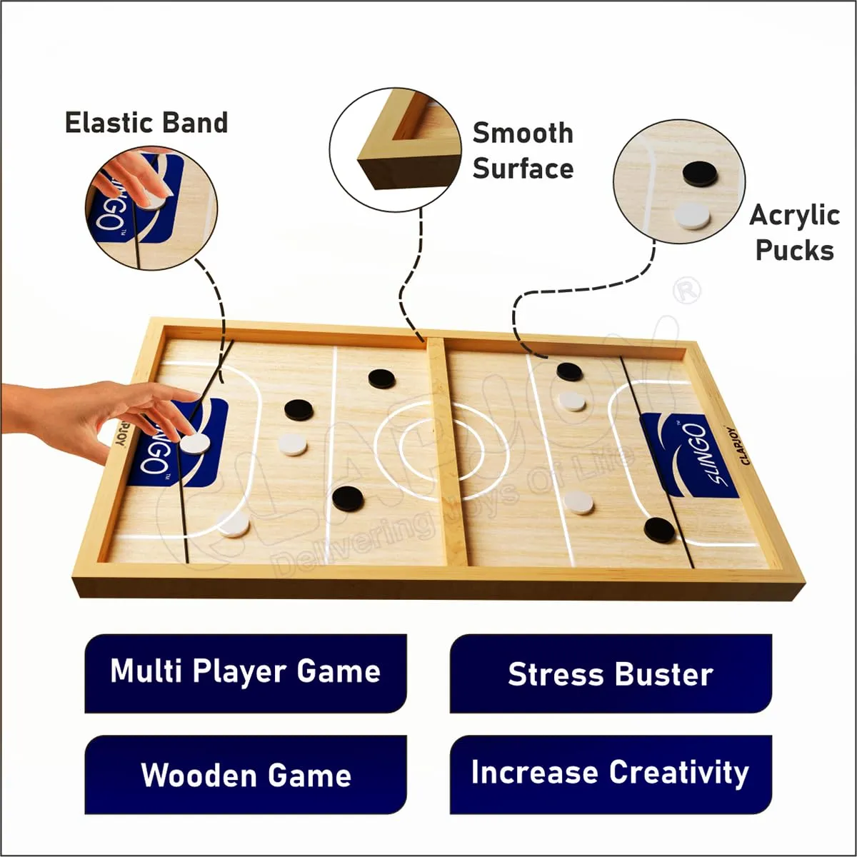 Clapjoy Slingo 2 in 1 Fastest Finger First Board Games for Adults & Kids Wooden String Hockey Game Sling Puck Board Hockey Toy Perfect for Family (Sling Puck)