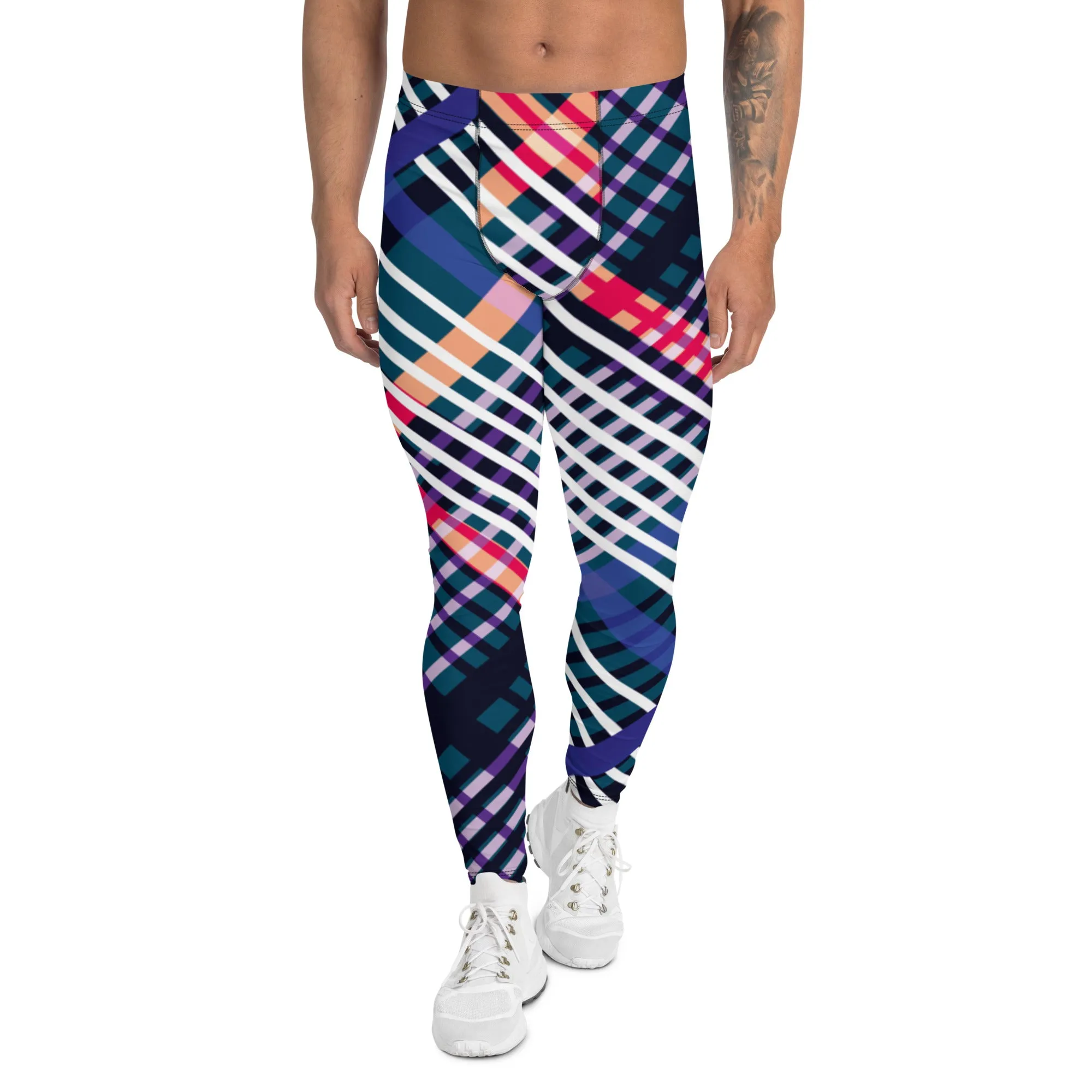 Colourful Plaid Printed Men's Leggings, Classic Tartan Plaid Print Meggings Compression Christmas Tights-Made in USA/EU/MX