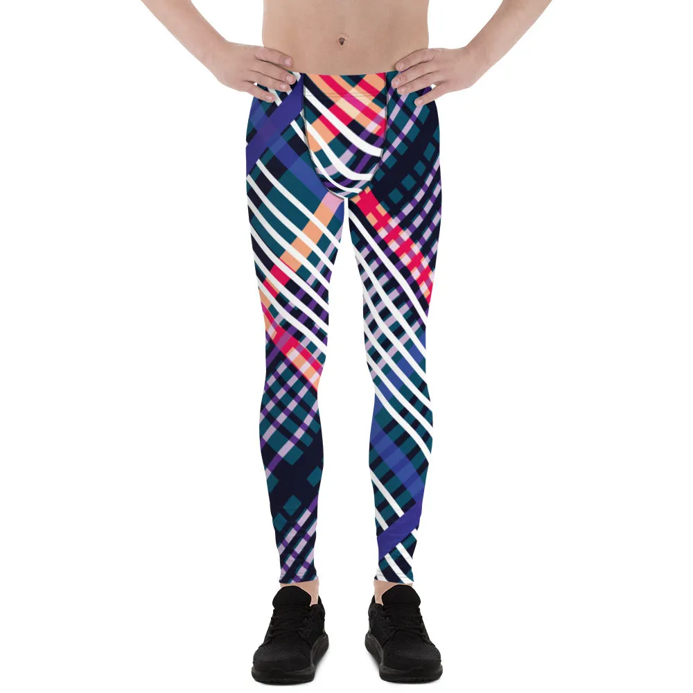 Colourful Plaid Printed Men's Leggings, Classic Tartan Plaid Print Meggings Compression Christmas Tights-Made in USA/EU/MX