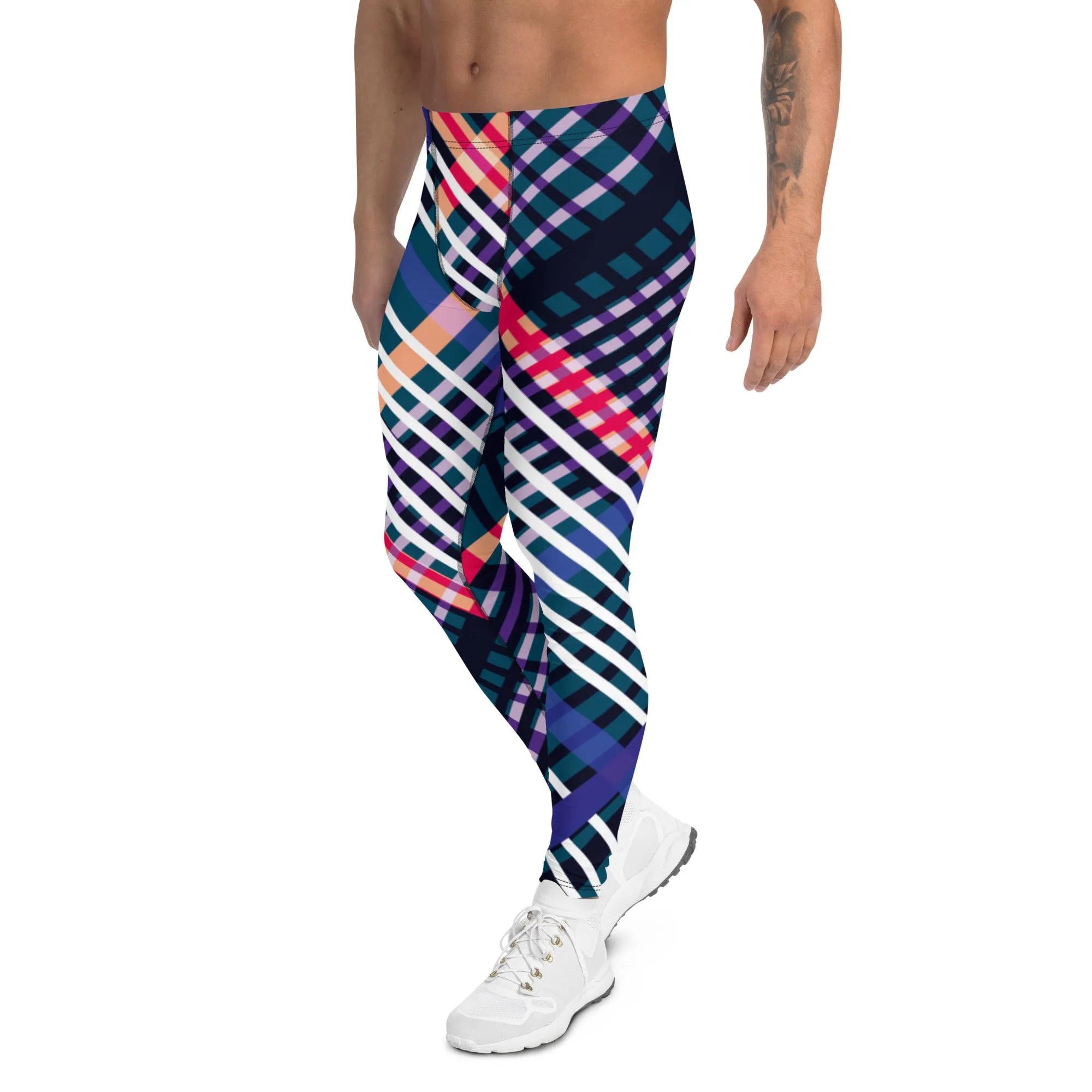 Colourful Plaid Printed Men's Leggings, Classic Tartan Plaid Print Meggings Compression Christmas Tights-Made in USA/EU/MX