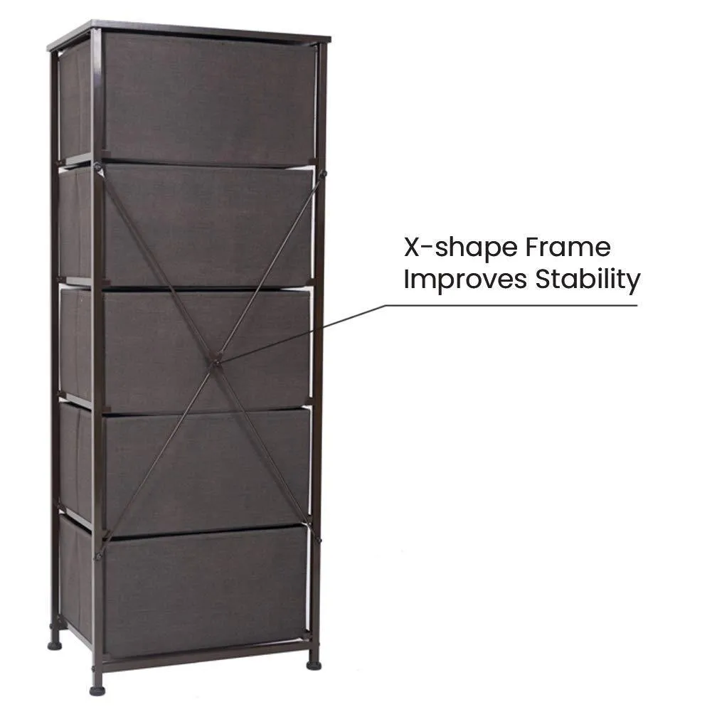 Crestlive Products Vertical Dresser Storage Tower - Sturdy Steel Frame, Wood Top, Easy Pull Fabric Bins, Wood Handles - Organizer Unit for Bedroom, Hallway, Entryway, Closets - 5 Drawers (Brown)