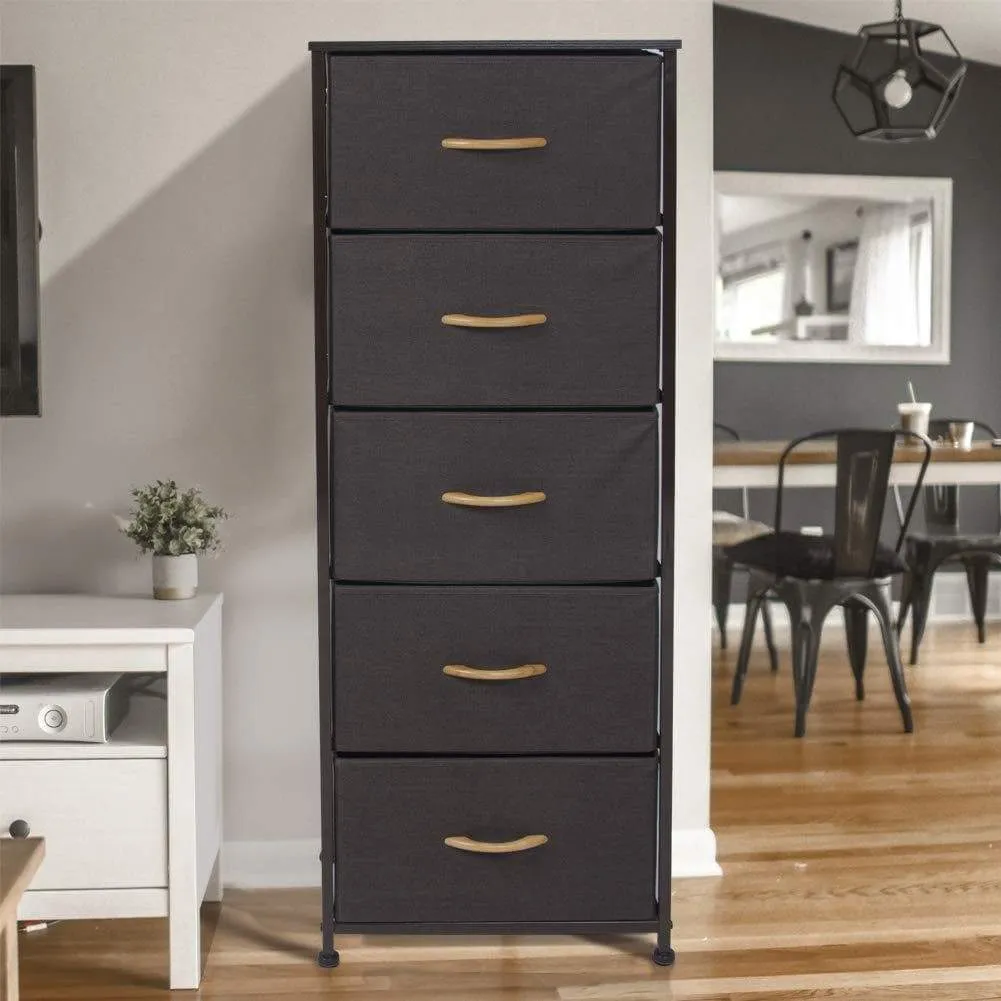 Crestlive Products Vertical Dresser Storage Tower - Sturdy Steel Frame, Wood Top, Easy Pull Fabric Bins, Wood Handles - Organizer Unit for Bedroom, Hallway, Entryway, Closets - 5 Drawers (Brown)