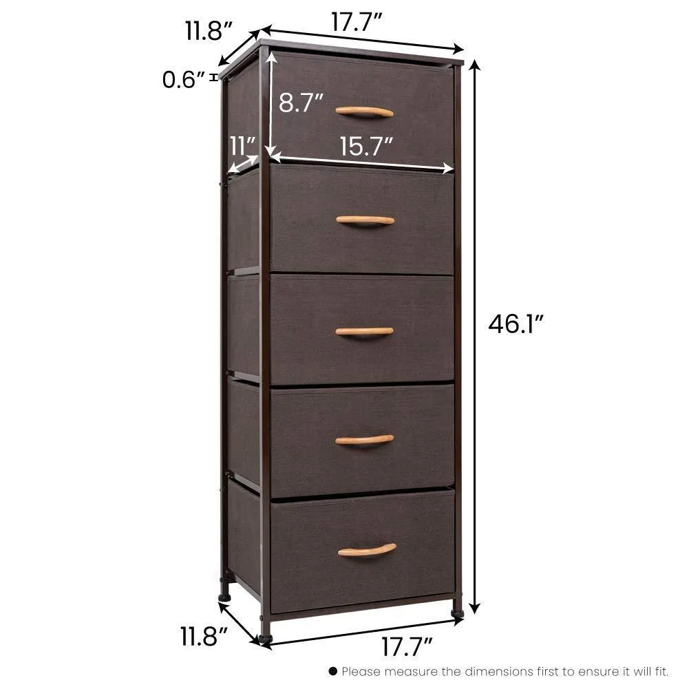 Crestlive Products Vertical Dresser Storage Tower - Sturdy Steel Frame, Wood Top, Easy Pull Fabric Bins, Wood Handles - Organizer Unit for Bedroom, Hallway, Entryway, Closets - 5 Drawers (Brown)