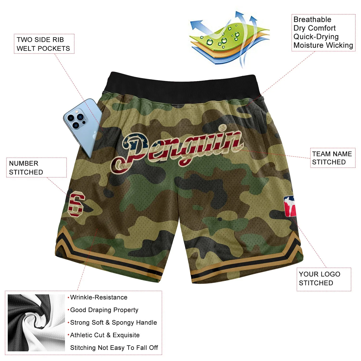 Custom Camo Vintage USA Flag-Cream Authentic Salute To Service Basketball Shorts