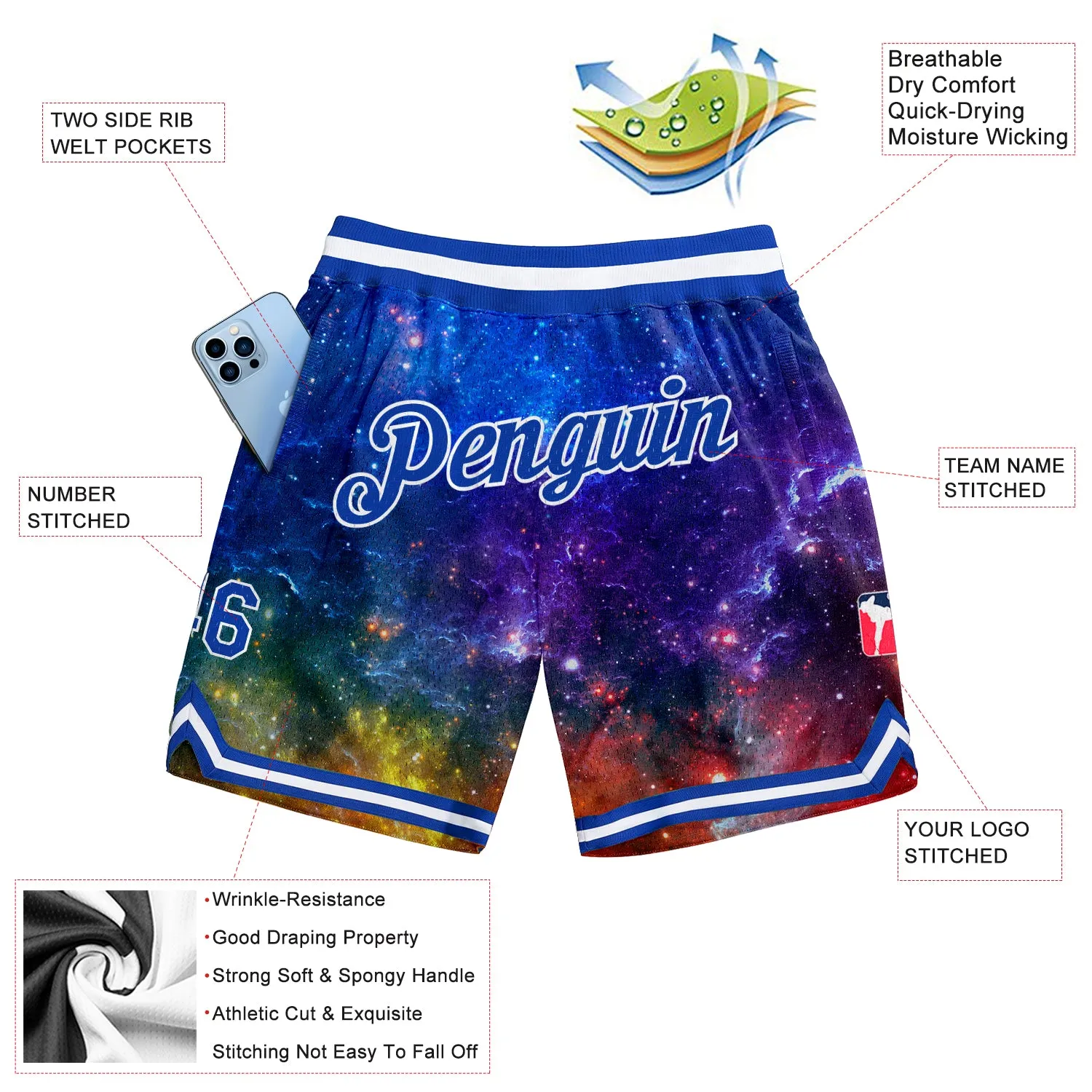 Custom Galactic Royal-White 3D Authentic Basketball Shorts