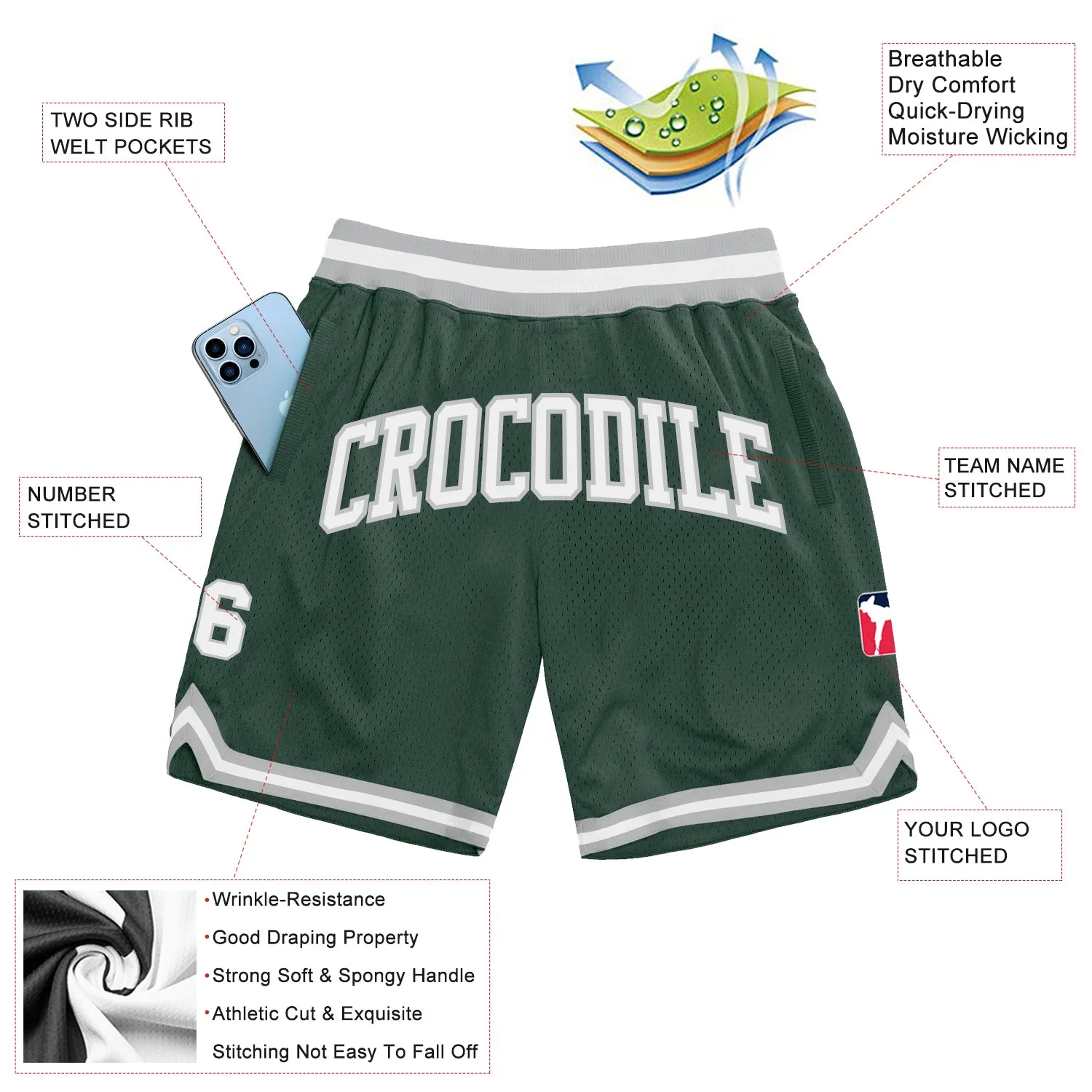 Custom Hunter Green White-Gray Authentic Throwback Basketball Shorts