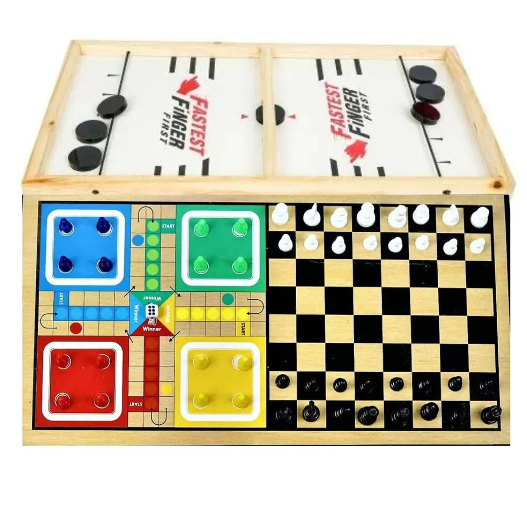 DH 3 in 1astest Finger First | Double Sided Ludo & Chess Game | Fast Paced Slingshot Rapid String Hockey Large Fast Sling Puck Indoor Board Games for Kids Adults & Family Party, Birthday Gift