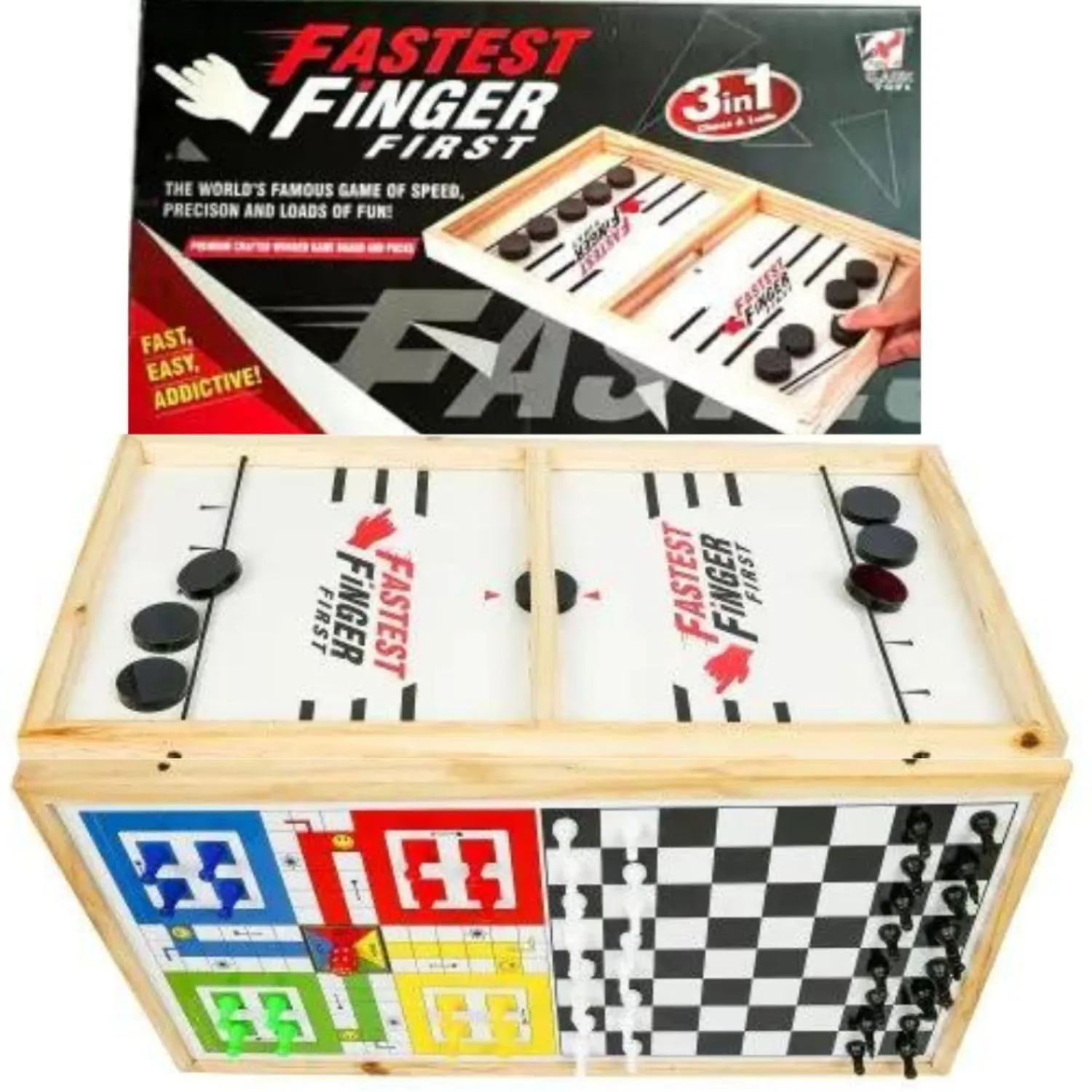 DH 3 in 1astest Finger First | Double Sided Ludo & Chess Game | Fast Paced Slingshot Rapid String Hockey Large Fast Sling Puck Indoor Board Games for Kids Adults & Family Party, Birthday Gift