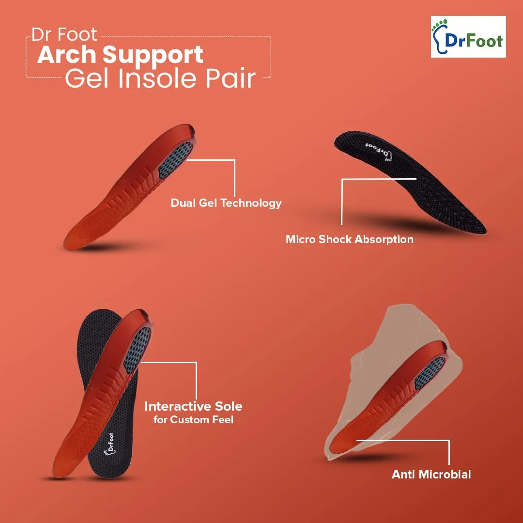 Dr Foot Arch Support Gel Insole Pair | For All-Day Comfort | Shoe Inserts for Flat Feet, High Arch, Foot Pain | Full-Length Orthotics | For Men & Women – 1 Pair (Medium Size) (Pack of 5)