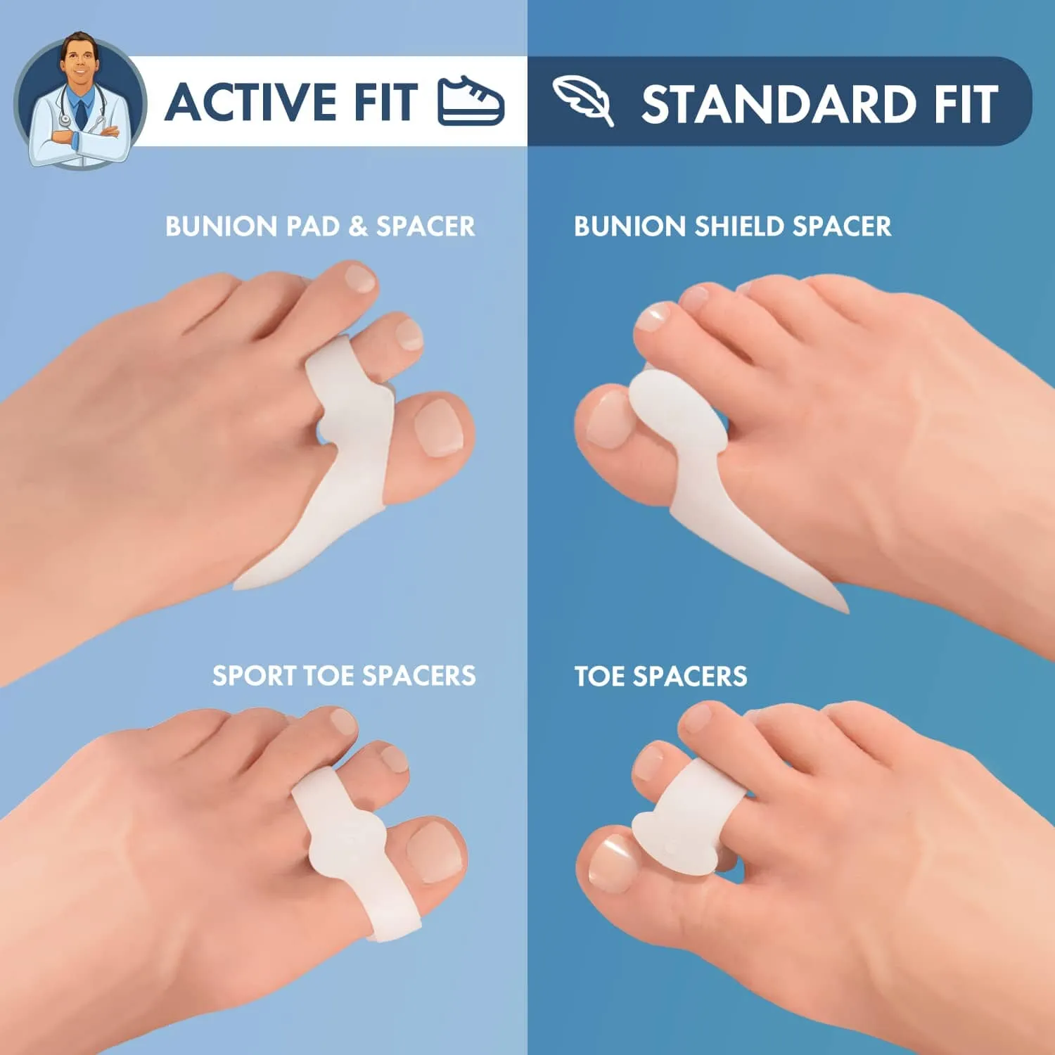 Dr. Frederick's Original Sport Bunion Toe Spacer Set - 4Pcs - Soft Gel Splints - One Size Fits All - Fast Relief - Wear with Shoes - for Men & Women