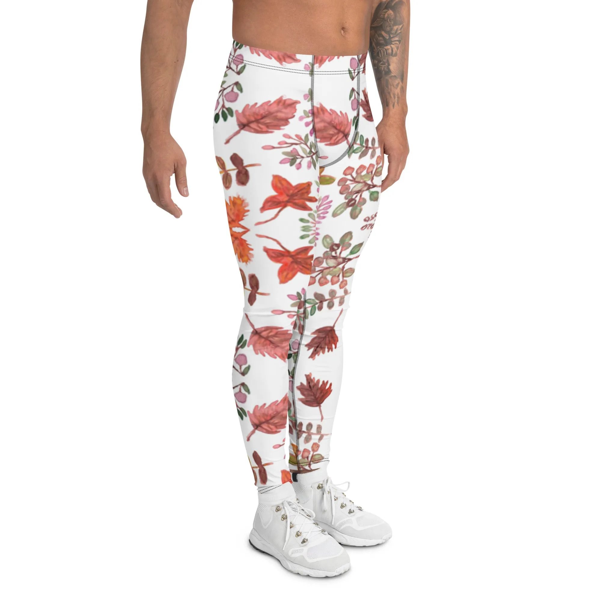 Fall Leaves Best Men's Leggings, White Fall Leaves Leggings For Men, Autumn Leaf Leggings- Made in USA/EU/MX