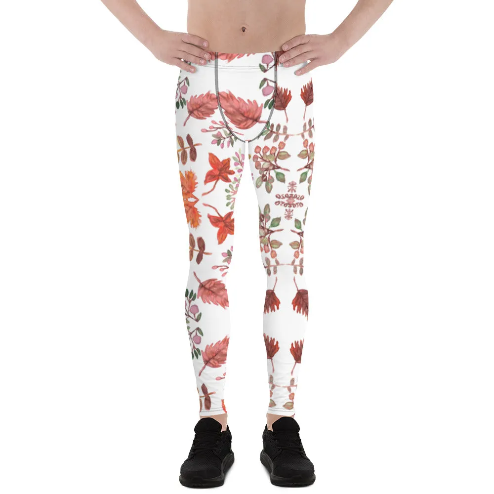 Fall Leaves Best Men's Leggings, White Fall Leaves Leggings For Men, Autumn Leaf Leggings- Made in USA/EU/MX