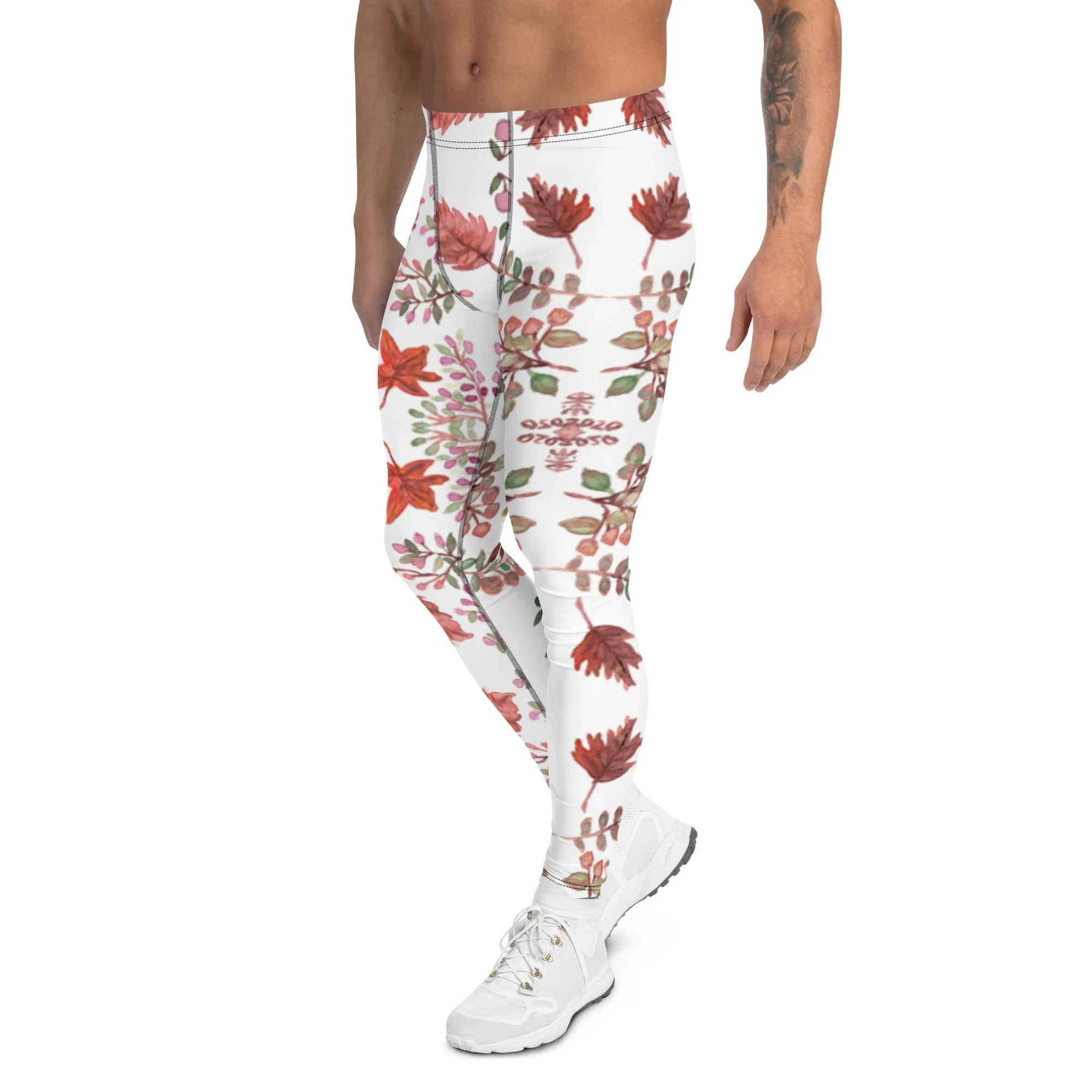 Fall Leaves Best Men's Leggings, White Fall Leaves Leggings For Men, Autumn Leaf Leggings- Made in USA/EU/MX