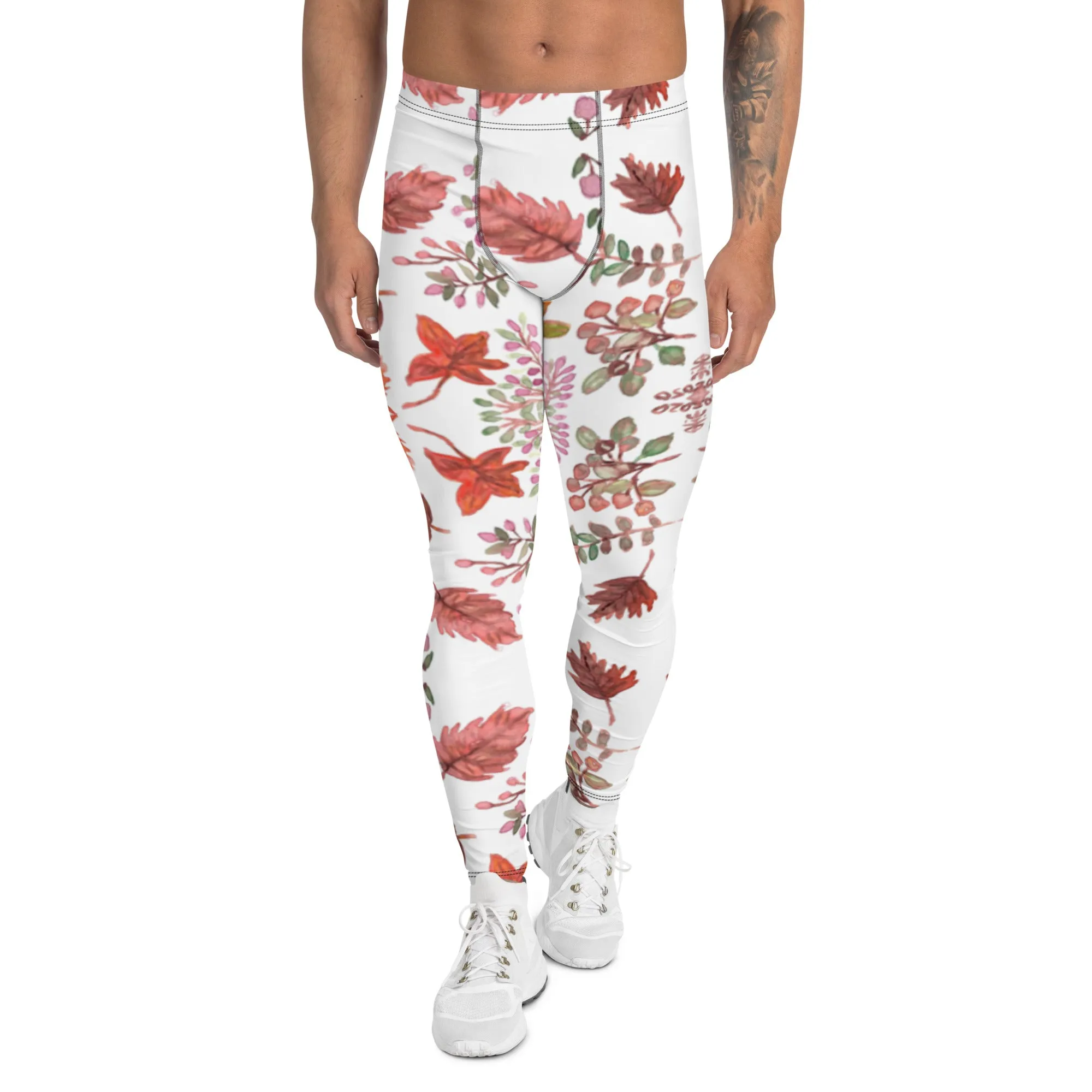 Fall Leaves Best Men's Leggings, White Fall Leaves Leggings For Men, Autumn Leaf Leggings- Made in USA/EU/MX