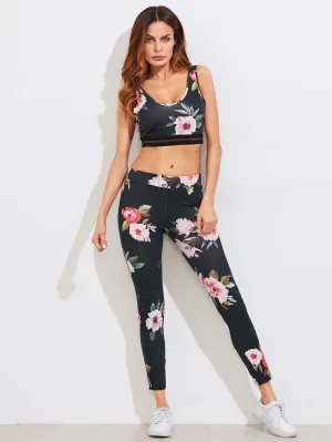 Floral blossom 2 piece crop top leggings sports set