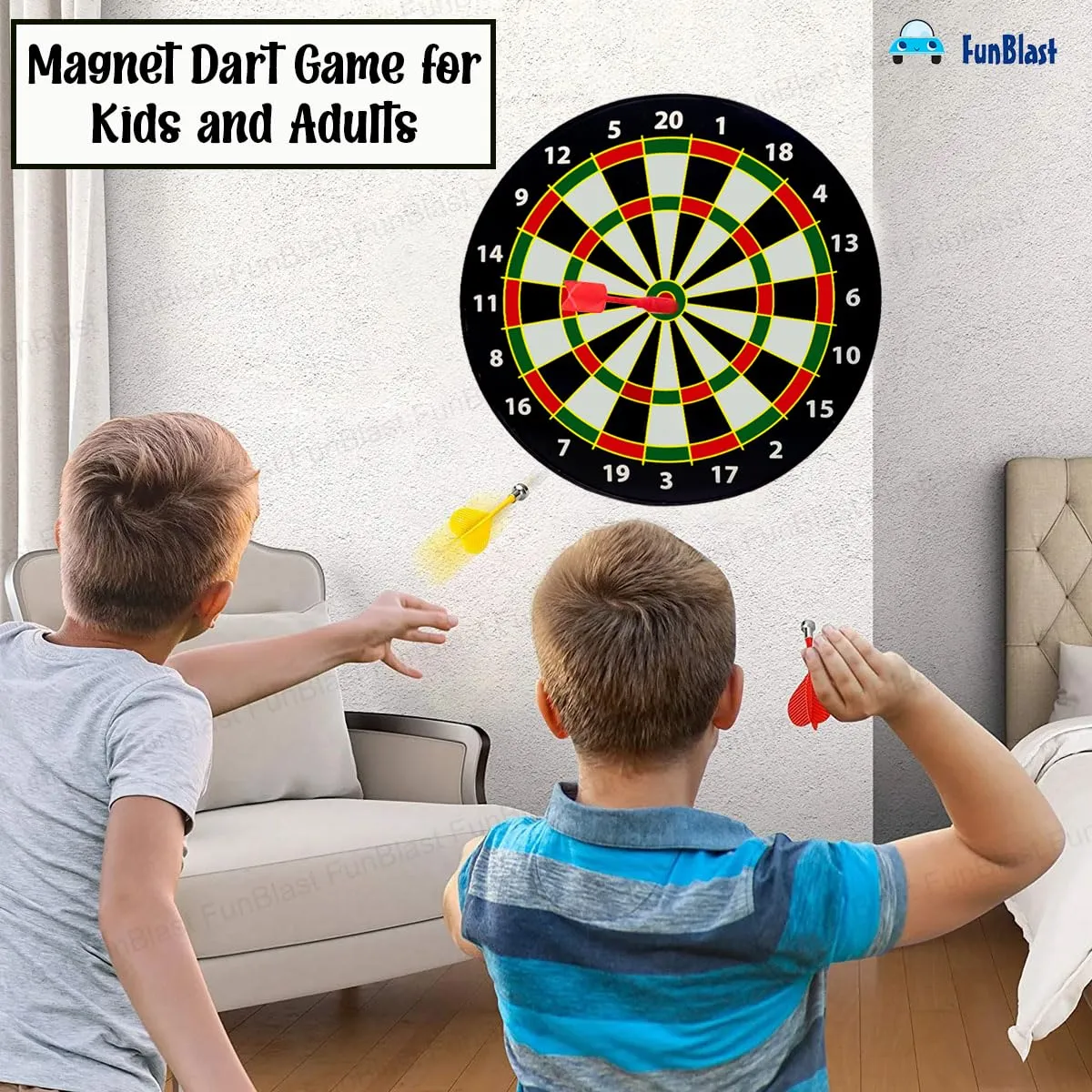 FunBlast Round Magnetic Dartboard Board Game Set, Magnet Dart Board Game for Kids and Adults, Target Shooting Game, Indoor and Outdoor Magnetic Score Dartboard Kit with 6 Darts (40 CM)