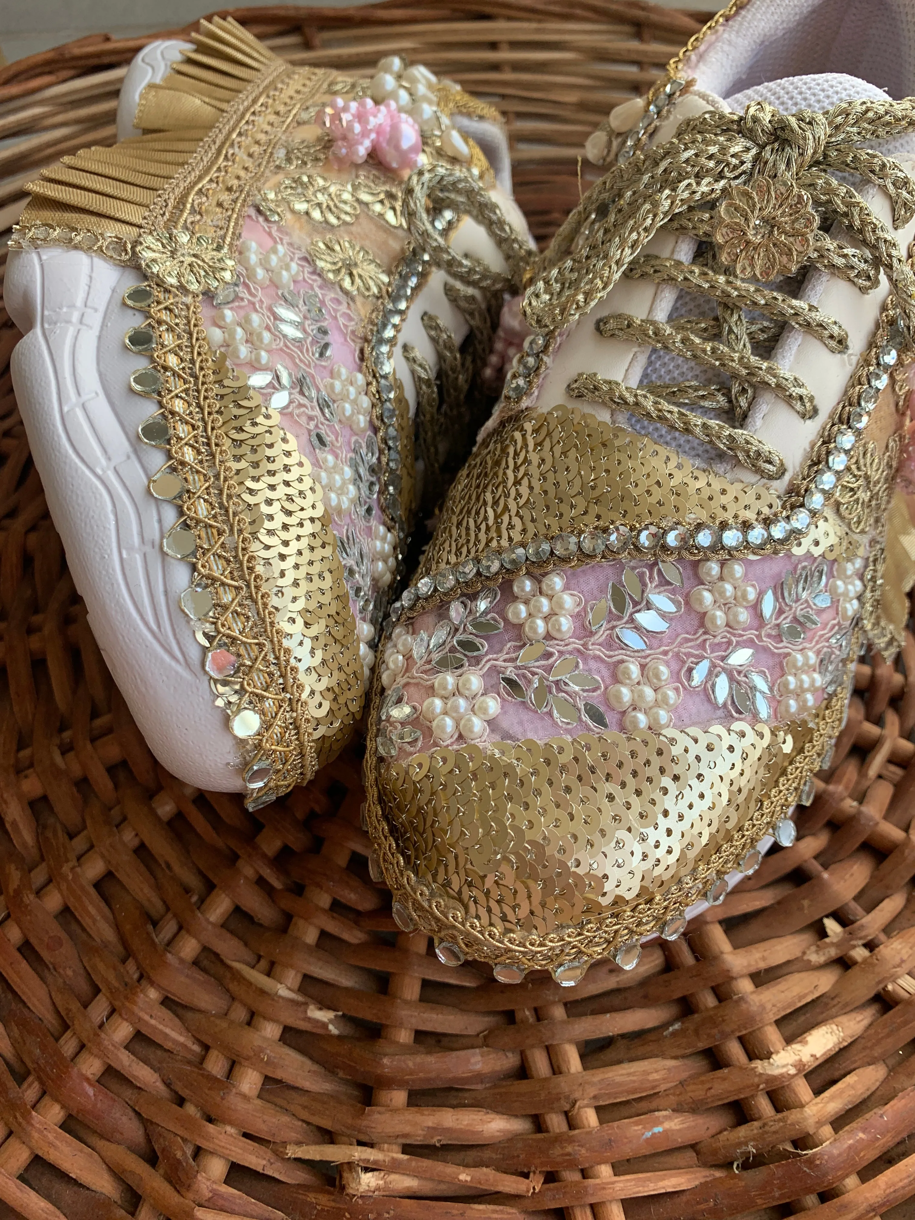 FUNKY N TRENDY pink and gold gottapatti sneakers with pearl & mirror detailing for brides /bridesmaids / sneakers for bridesmaids/ handcrafted sneakers/ sequine sneakers / bridal sneakers / bridesmaid sneakers/ pink sneakers